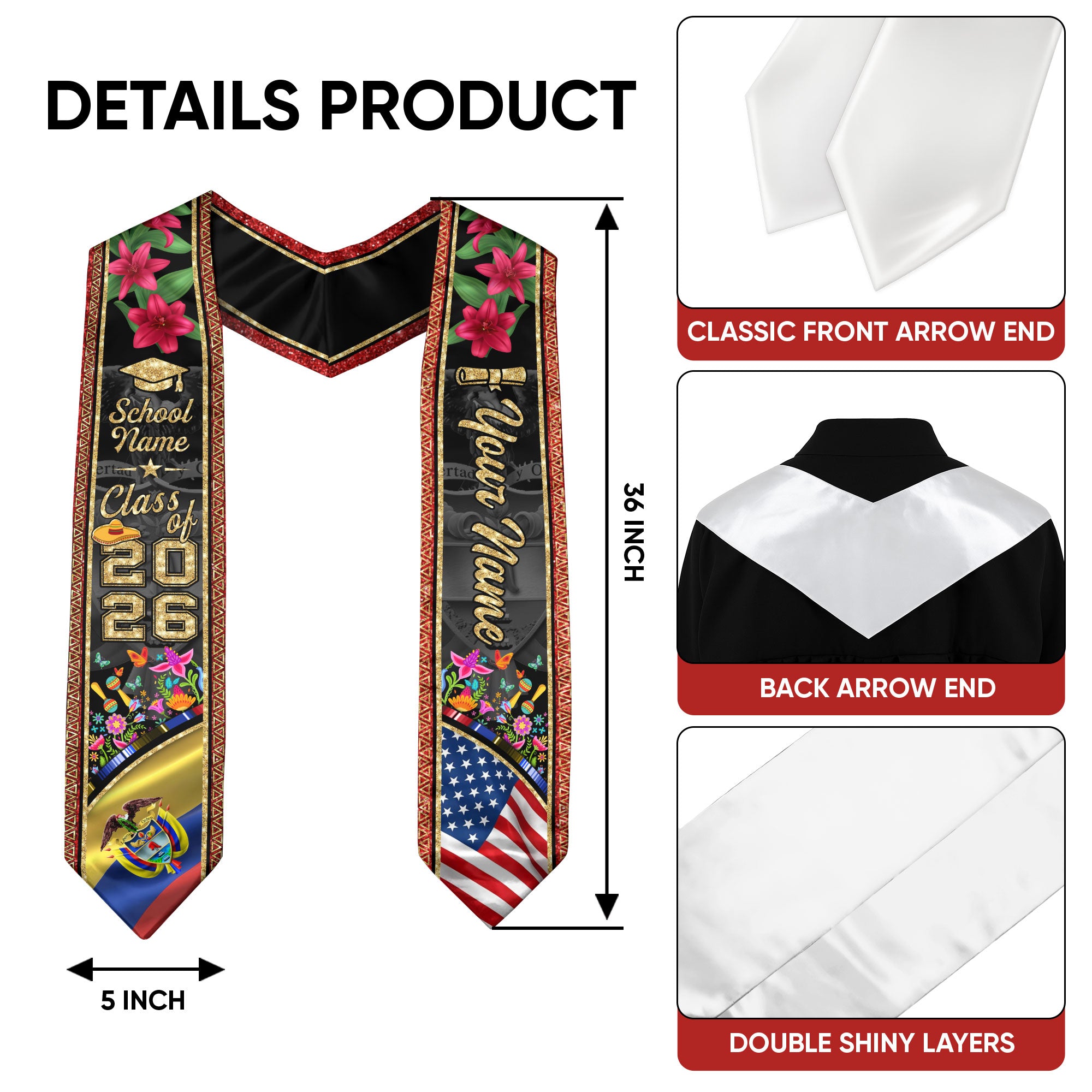 Colombia Graduation Sash 2026, Colombian Flag Stole, Signature Finish for Graduates