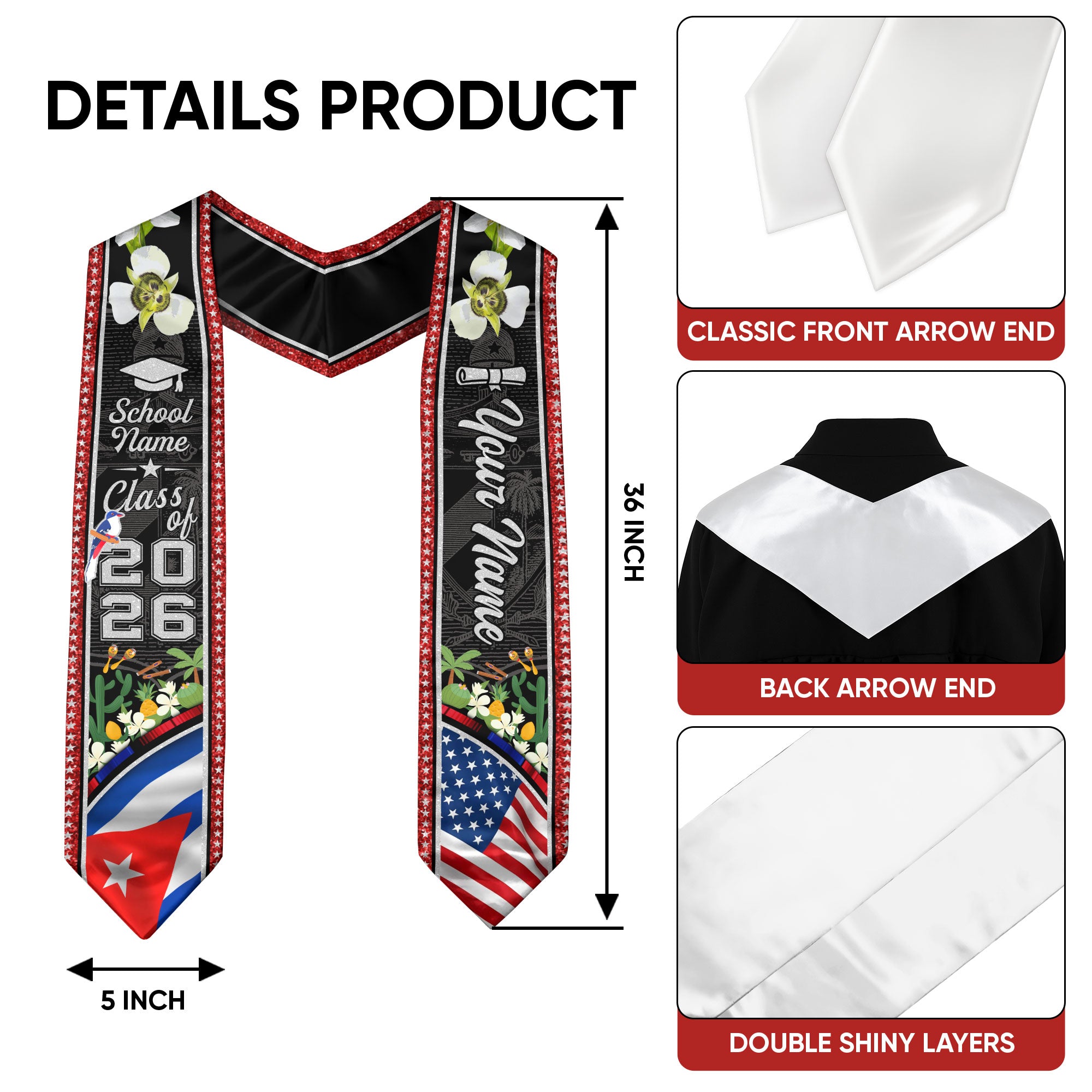 Cuban Graduation Stole 2026, Cuba Flag Sash, Personalized Touch for Class of 2026
