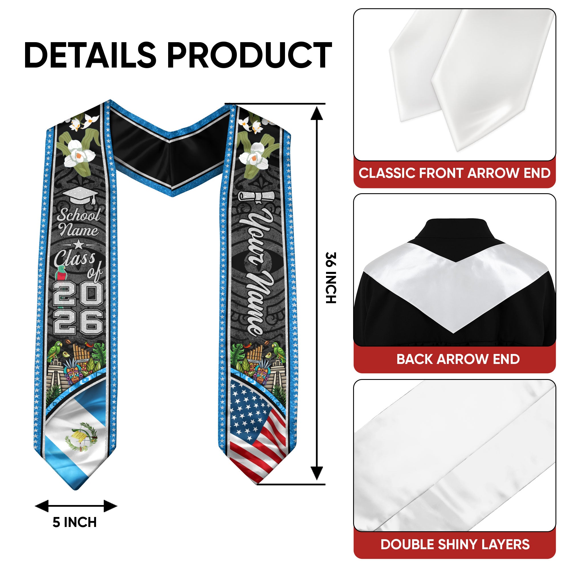 Guatemala Graduation Sash 2026, Guatemalan Flag Stole, Signature Finish for Graduates