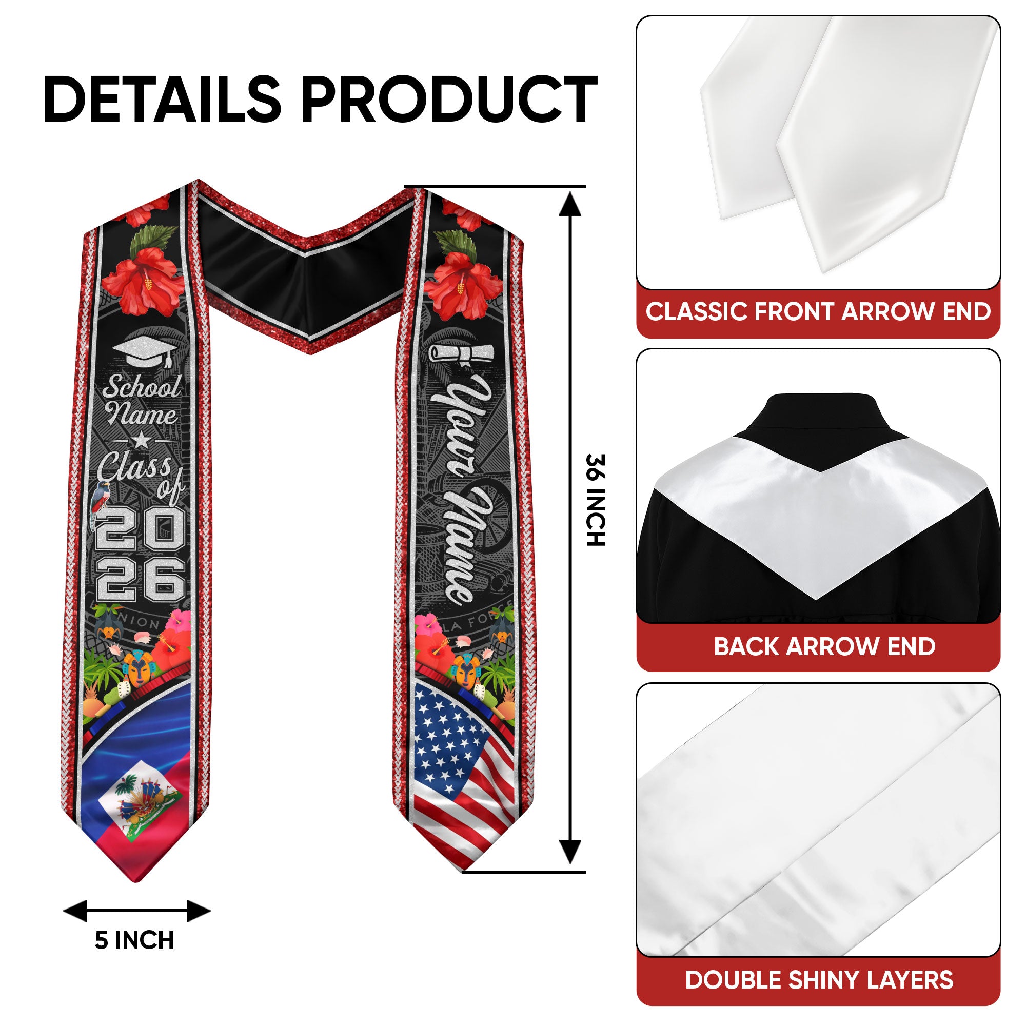 Haiti Flag Graduation Stole 2026, Haitian Grad Sash, Signature Detail for Class of 2026