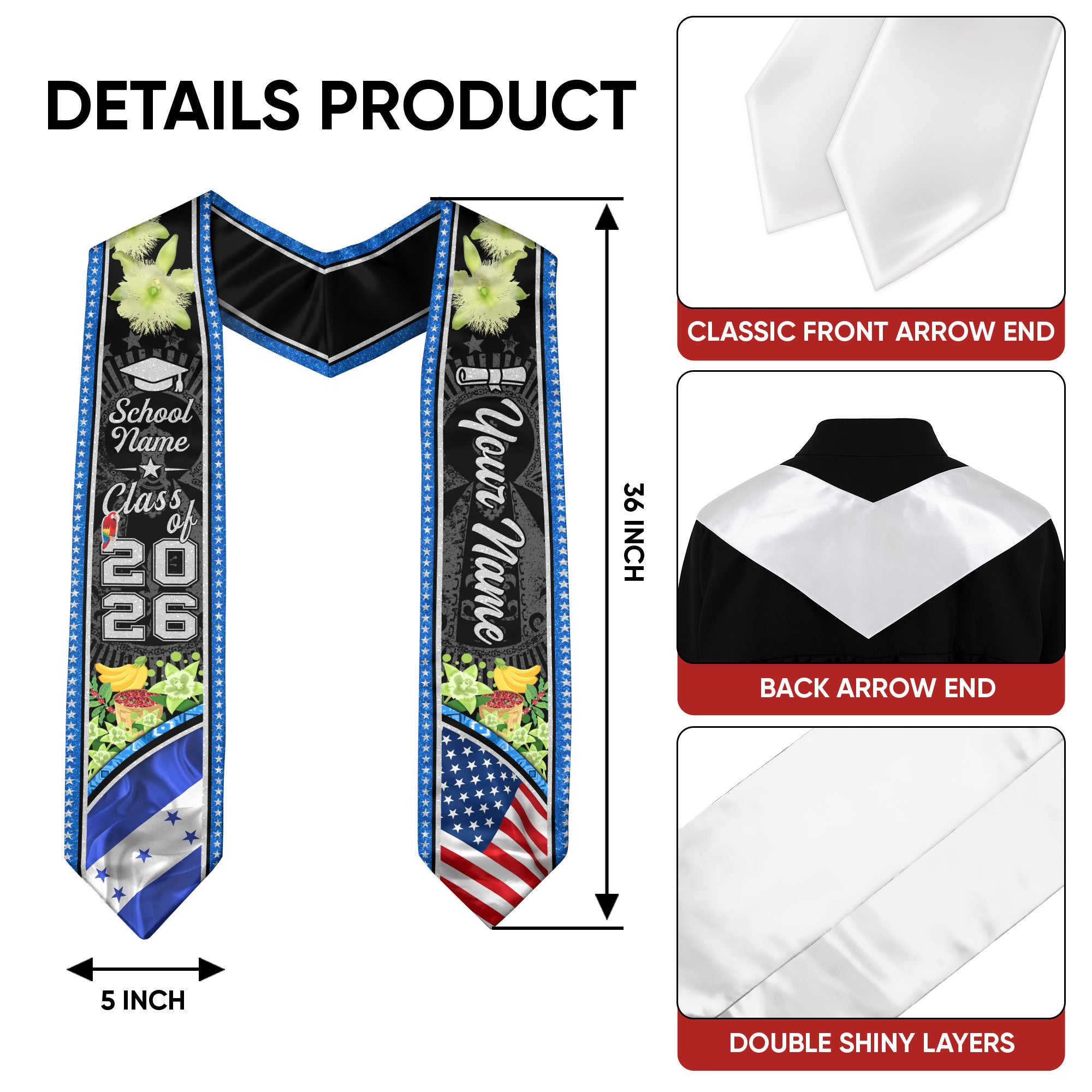 Honduras Graduation Sash 2026, Honduran Flag Stole, Signature Finish for Graduates