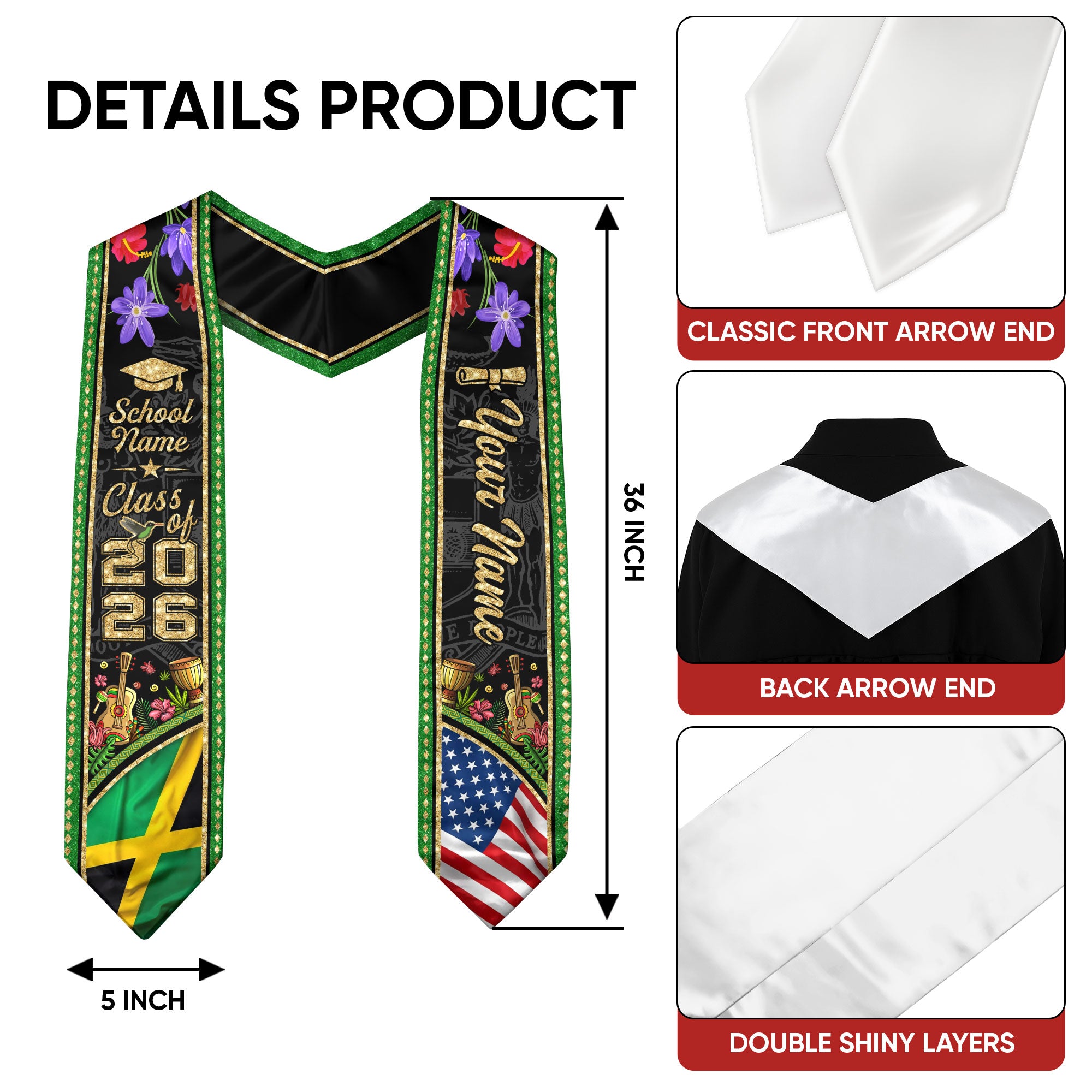 Jamaica Graduation Sash 2026, Jamaican Flag Stole, Signature Finish for Graduates