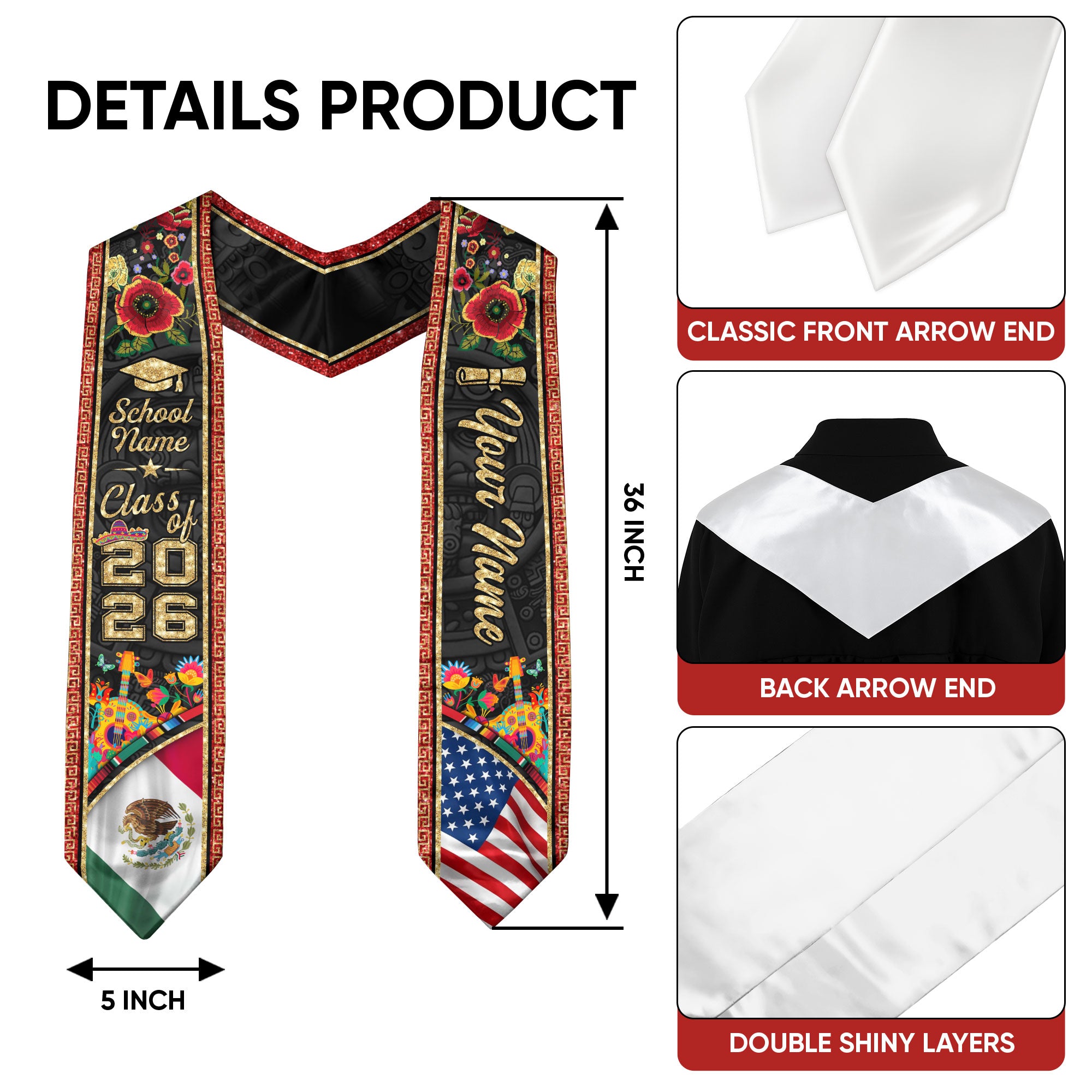 Mexican American Flag Graduation Sash 2026, Mexican Stole, Mexico Graduation Stole, Mexican Stole