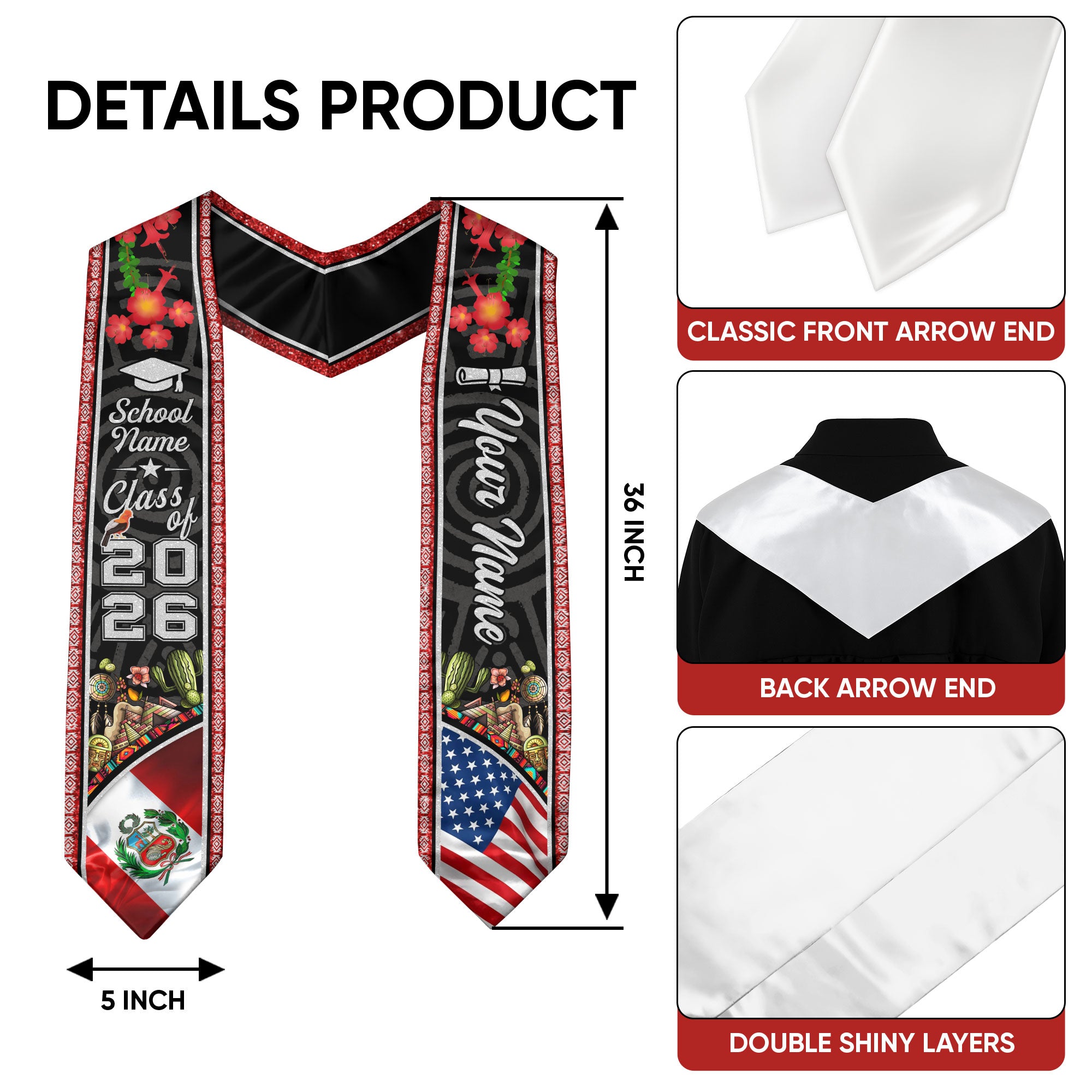 Peru Graduation Sash 2026, Peruvian Flag Stole, Signature Finish for 2026 Graduates