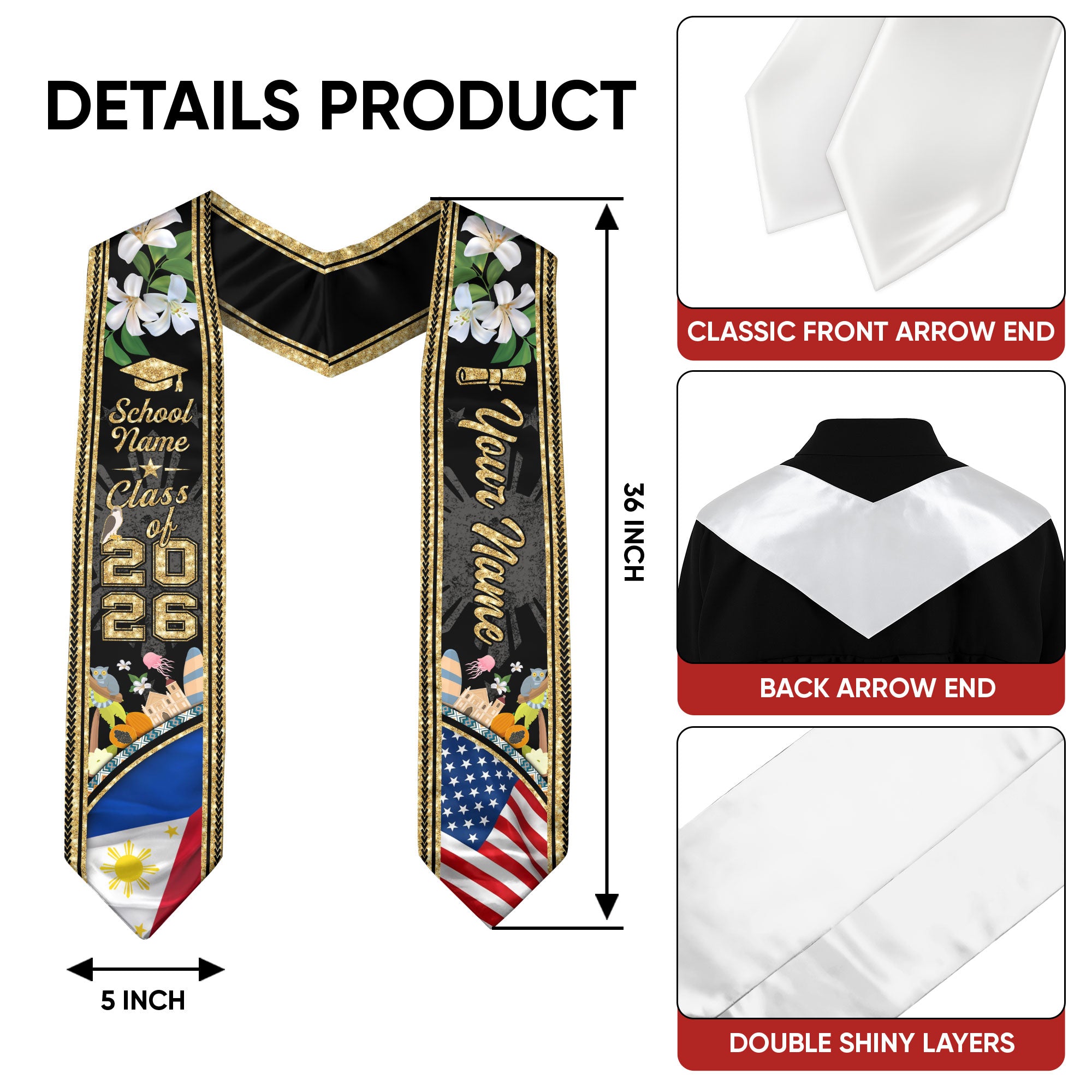 Philippines Flag Graduation Stole 2026, Filipino Grad Sash, Custom-Ready Graduation Style