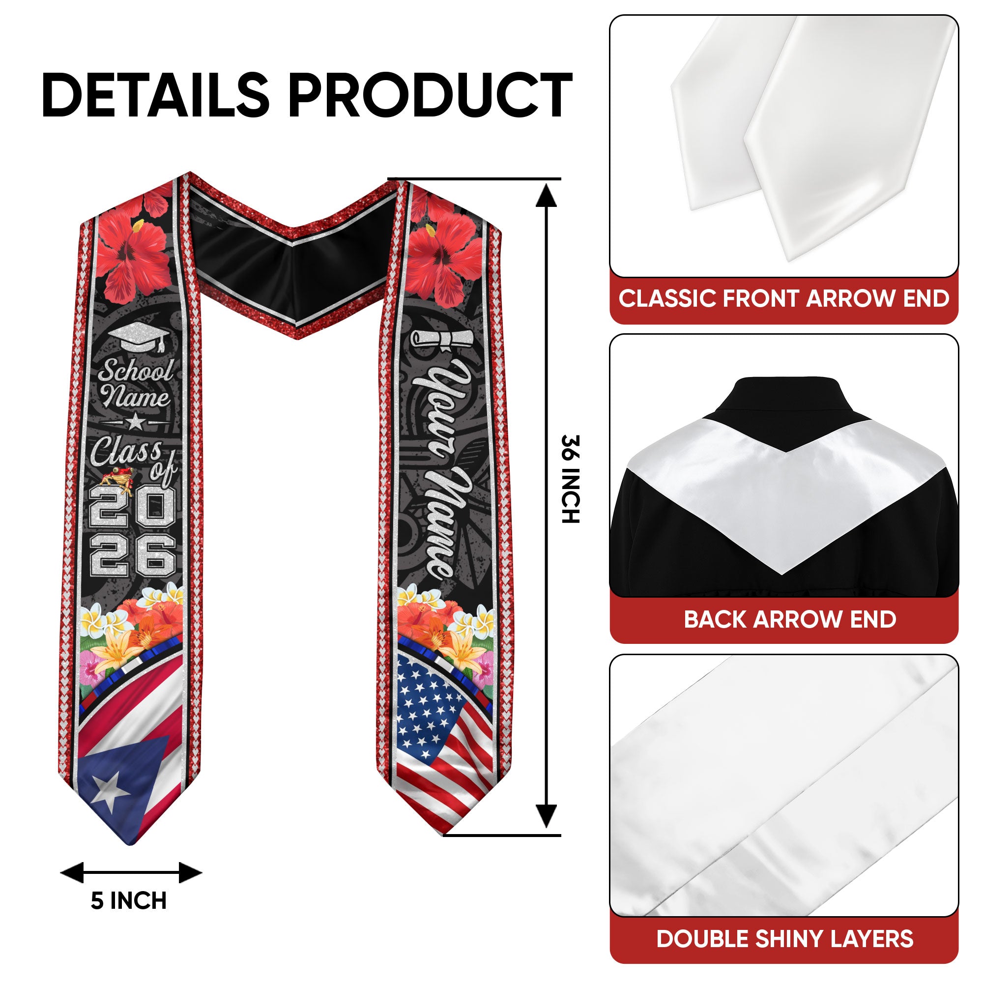 Class of 2026 Puerto Rico Graduation Sash, Puerto Rican Flag Stole, Custom-Ready Style