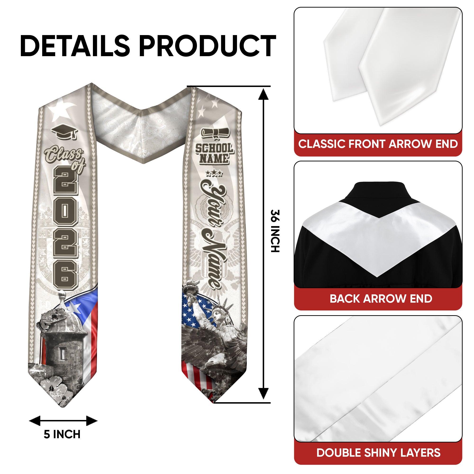 Puerto Rico Flag Graduation Stole 2026, Puerto Rican Sash, Signature Custom Finish