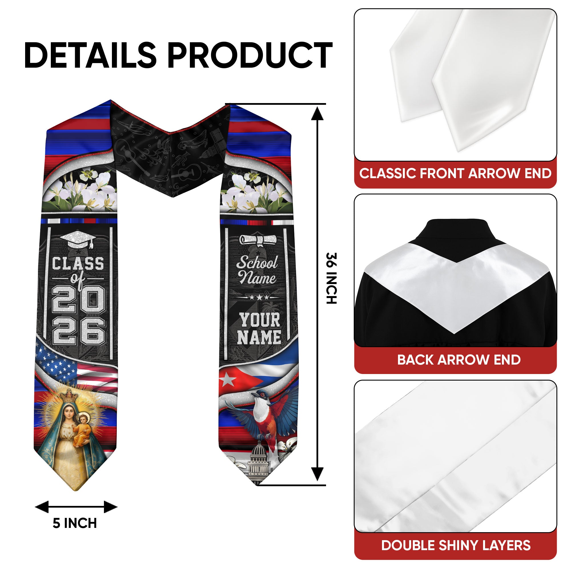 Cuban Flag Graduation Sash 2026, Cuba Graduation Stole, Tailored Finish for Grads