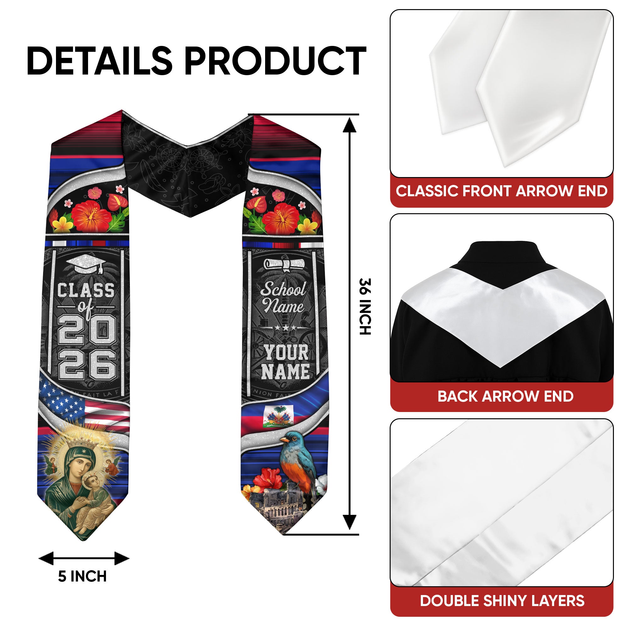 Class of 2026 Haiti Graduation Sash, Haitian Flag Stole, Bespoke Finish Graduation Stole