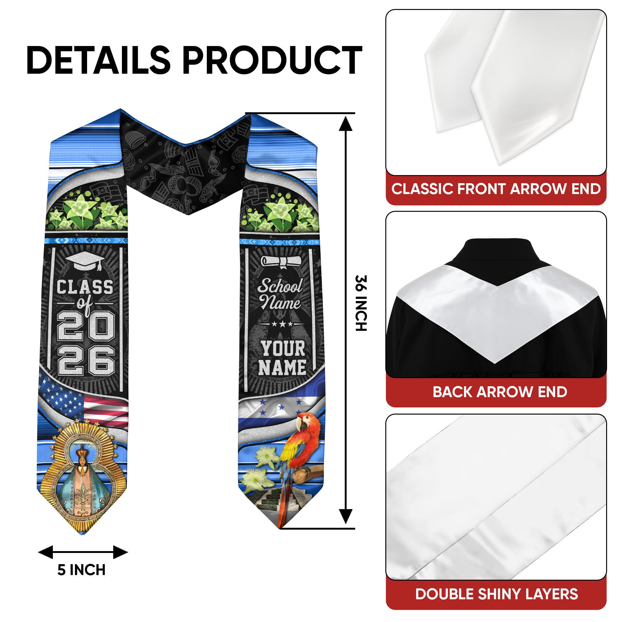 Class of 2026 Honduras Graduation Stole, Honduran Flag Sash Stole, Bespoke Touch