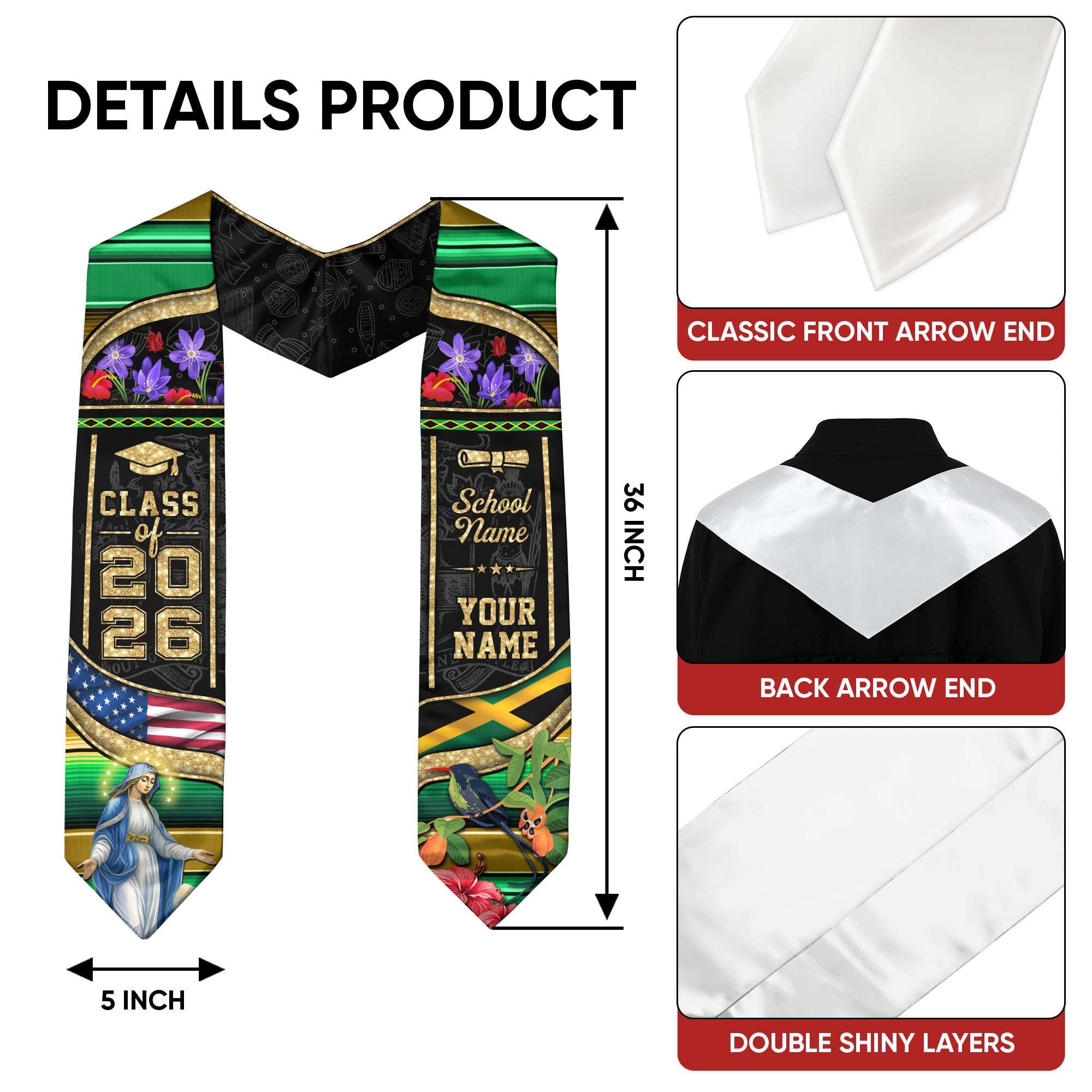 Class of 2026 Jamaica Graduation Stole, Jamaican Flag Sash Stole, Bespoke Touch 2026