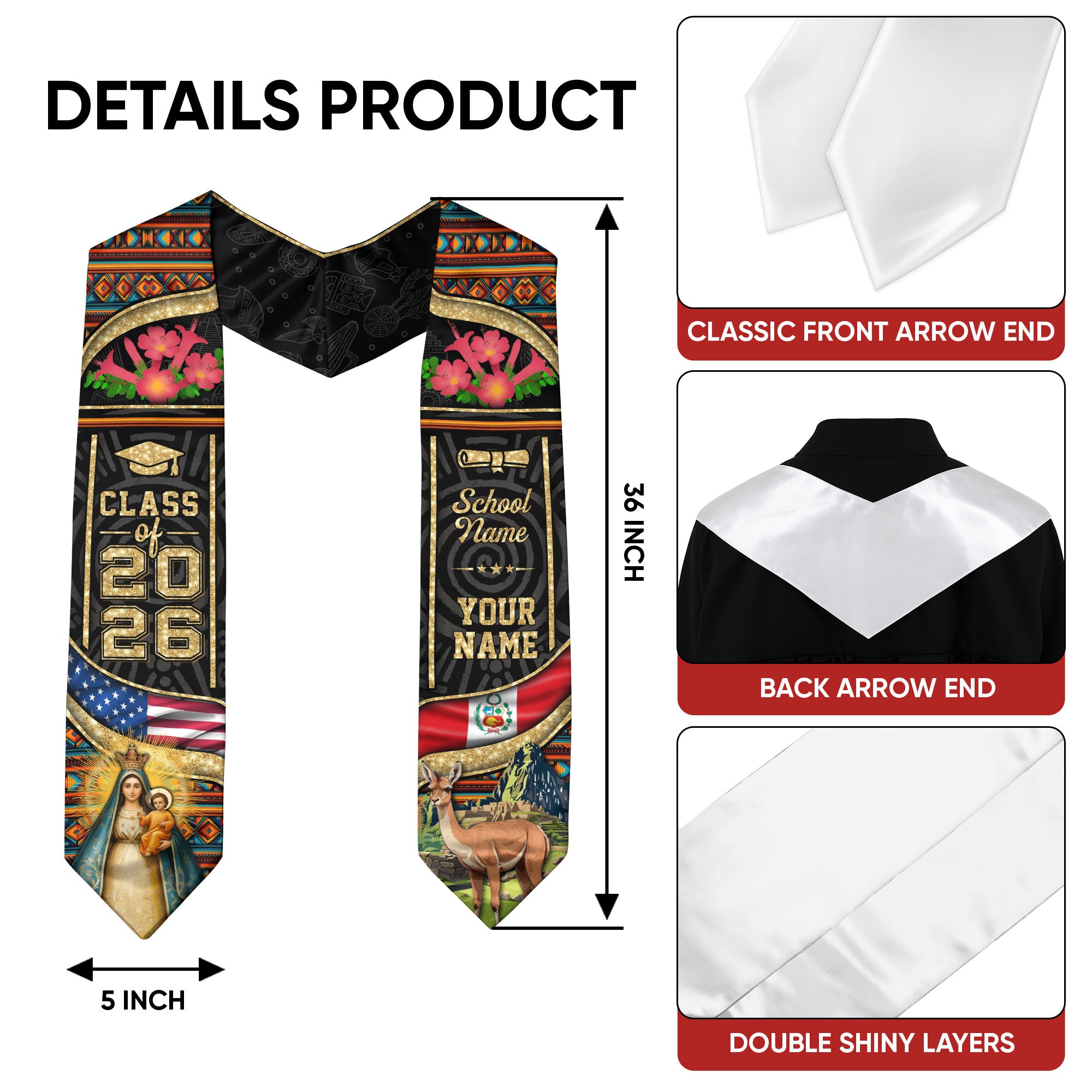 Class of 2026 Peru Graduation Stole, Peruvian Flag Sash Stole, Bespoke Touch 2026