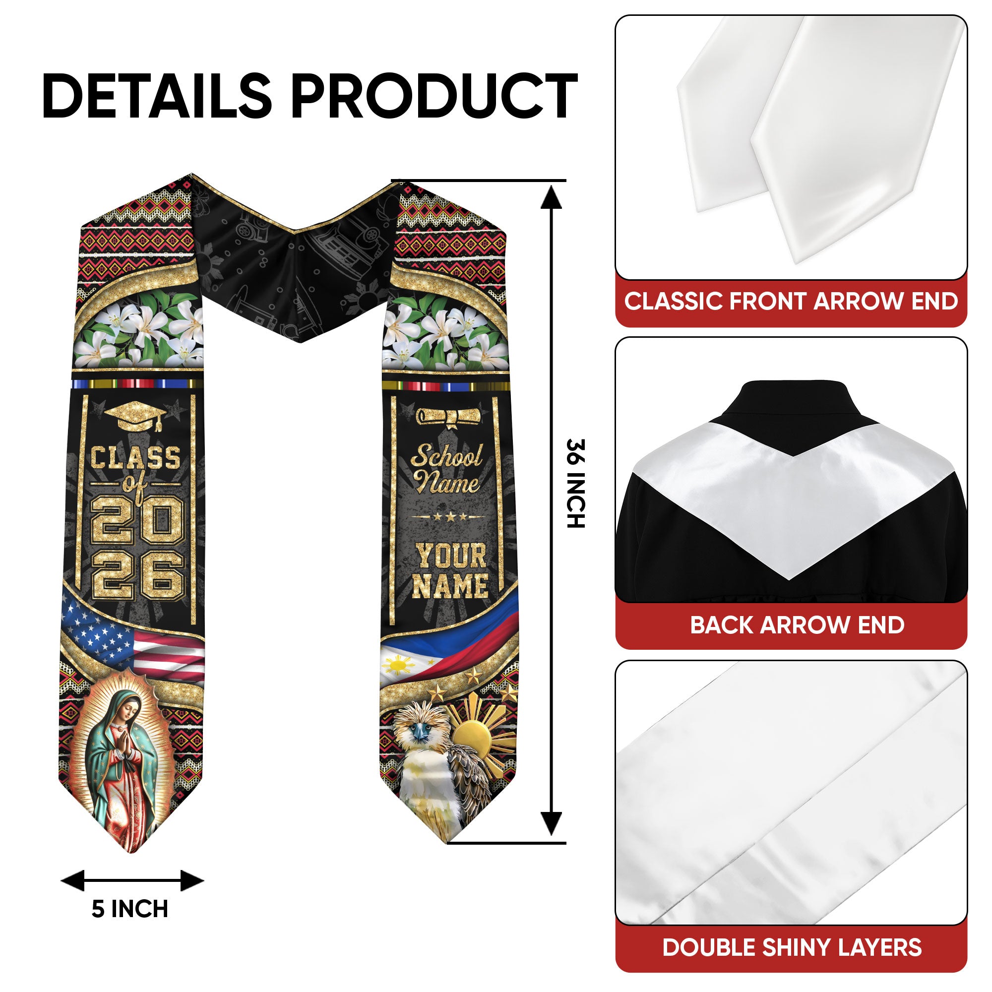 Filipino Graduation Sash 2026, Philippines Flag Graduation Stole, Tailored Detail for Grads