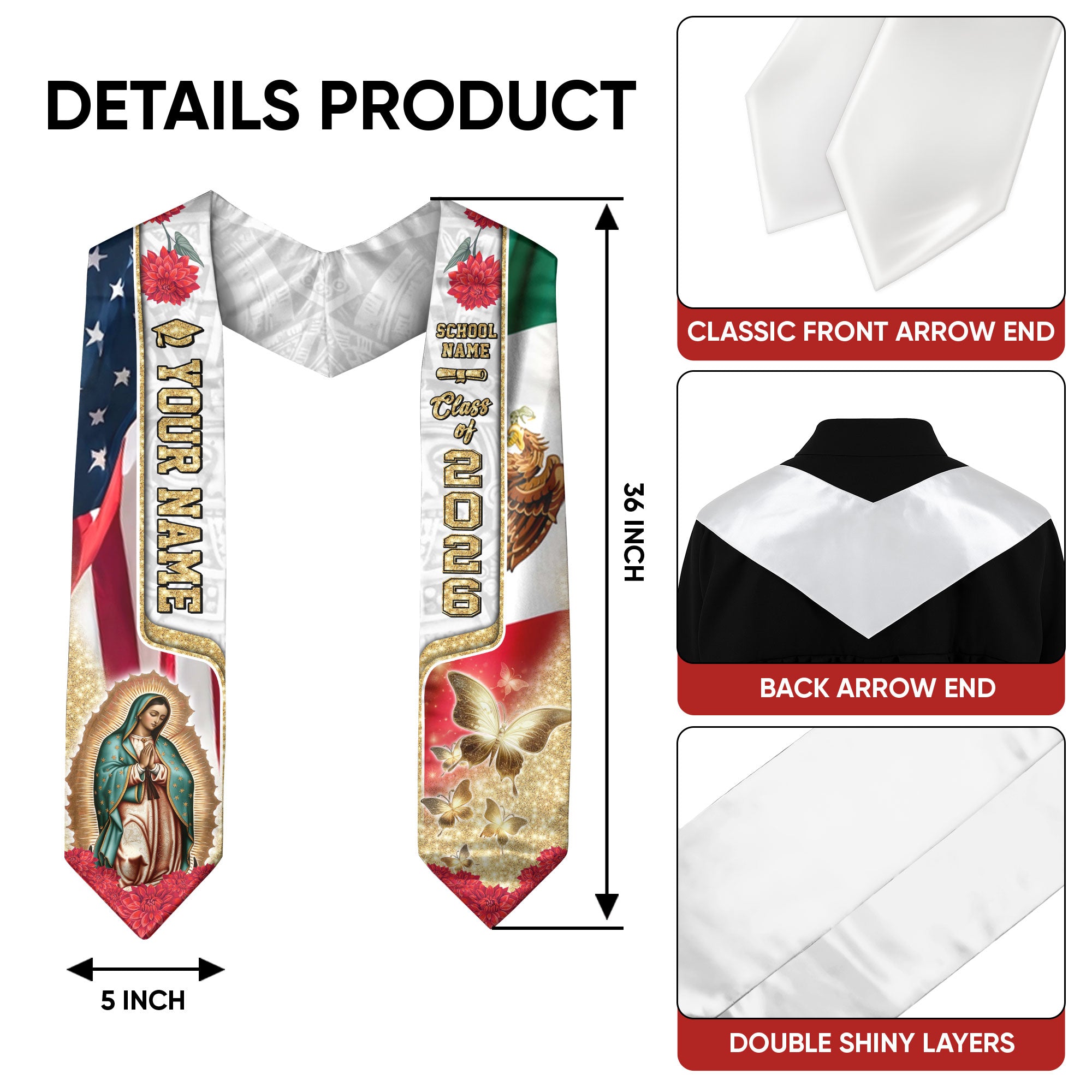 Mexican Grad Sash 2026, Mexican American Flag Sash, Mexican Stole, Mexico Graduation Stole