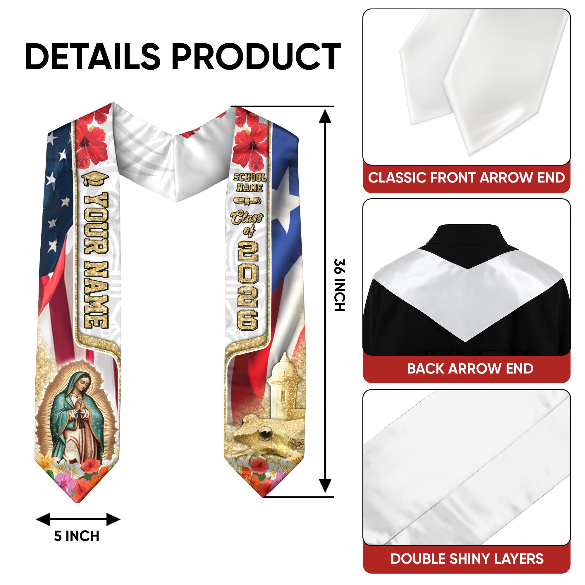 Puerto Rico Graduation Sash 2026, Puerto Rican Flag Stole, Tailor-Made Detail for Grads