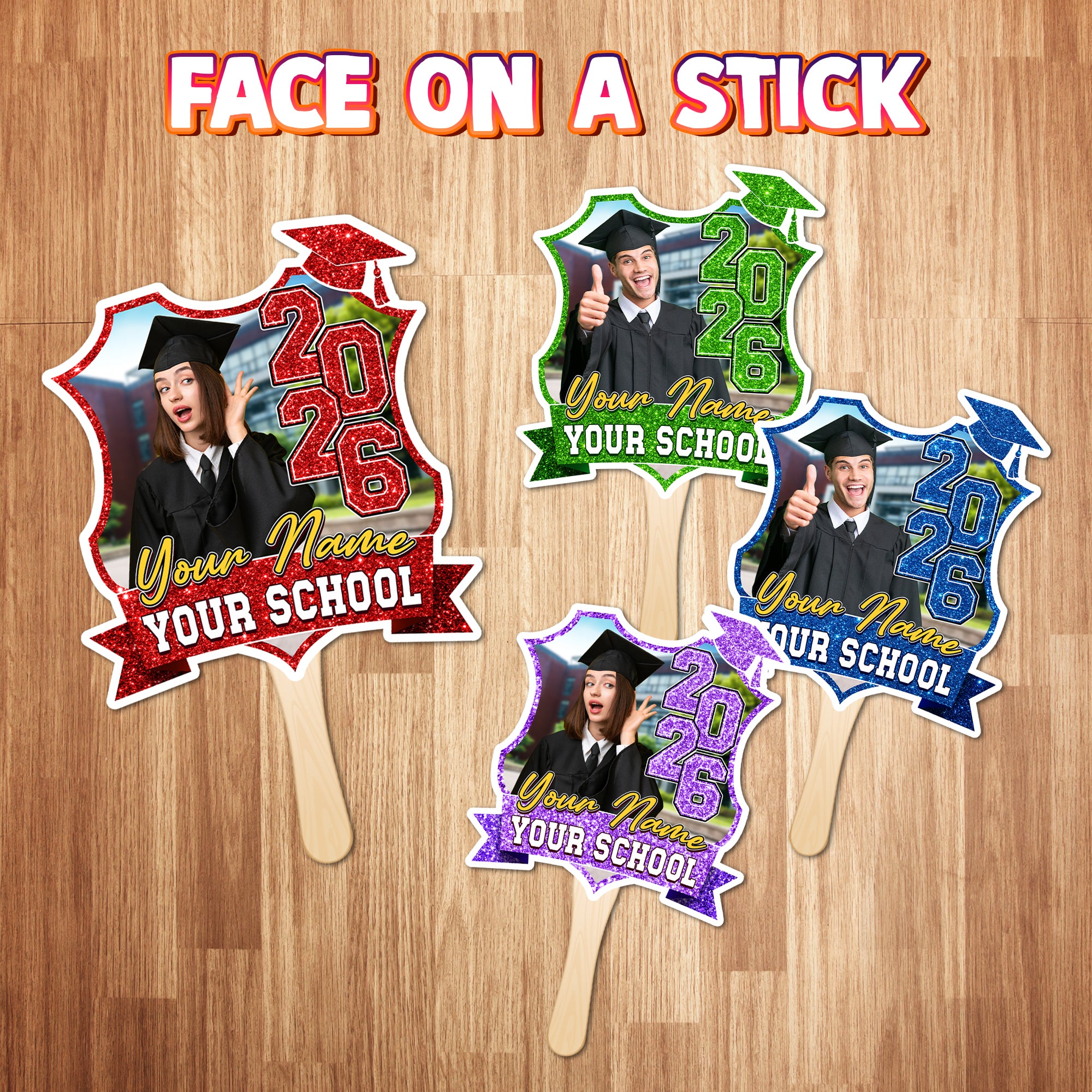 Custom Graduation Face Fan 2026 With Photo Glitter Floral Pattern Big Head On Stick Custom