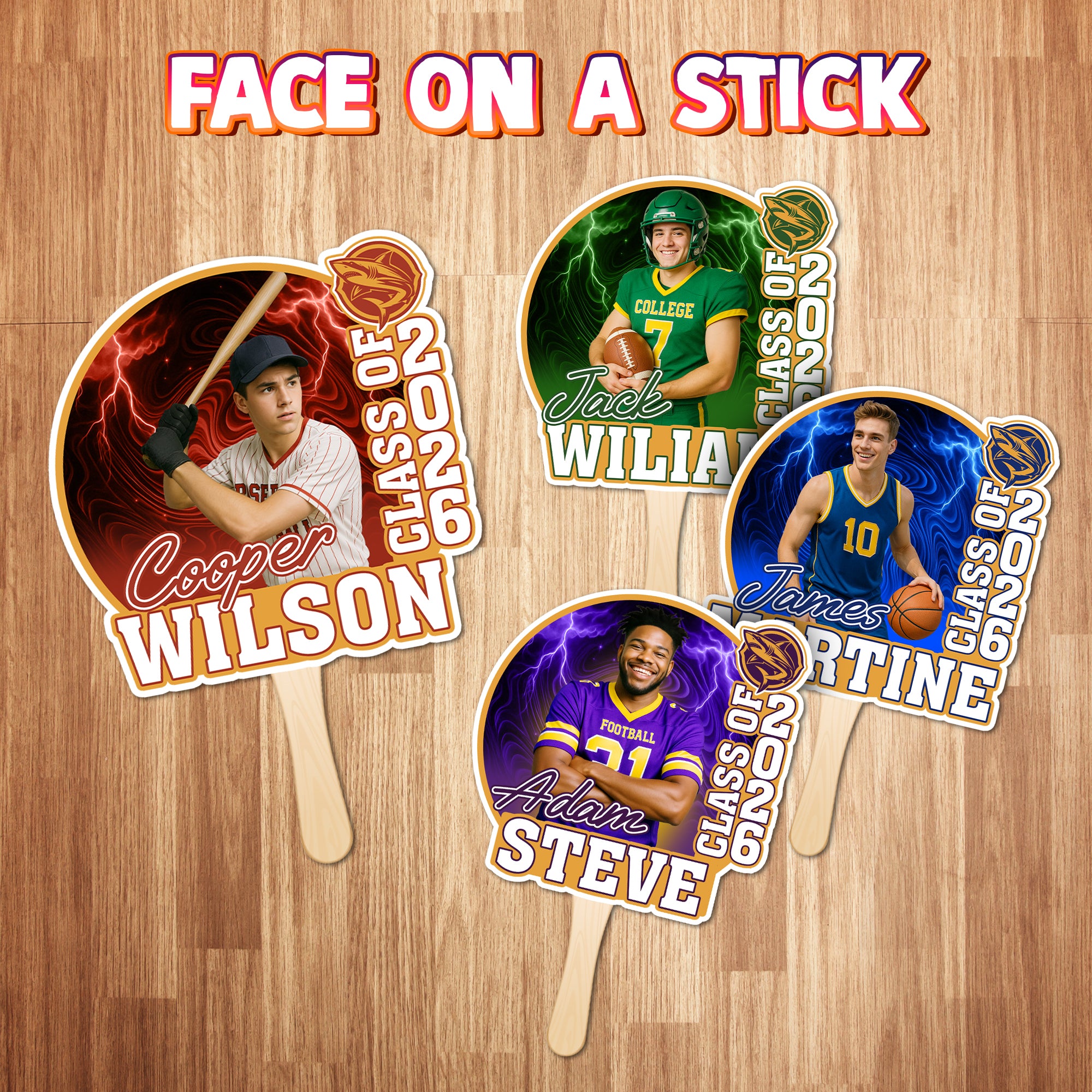 Custom Graduation Face Fan 2026 Photo Sport Swirl Big Head On Stick Personalized