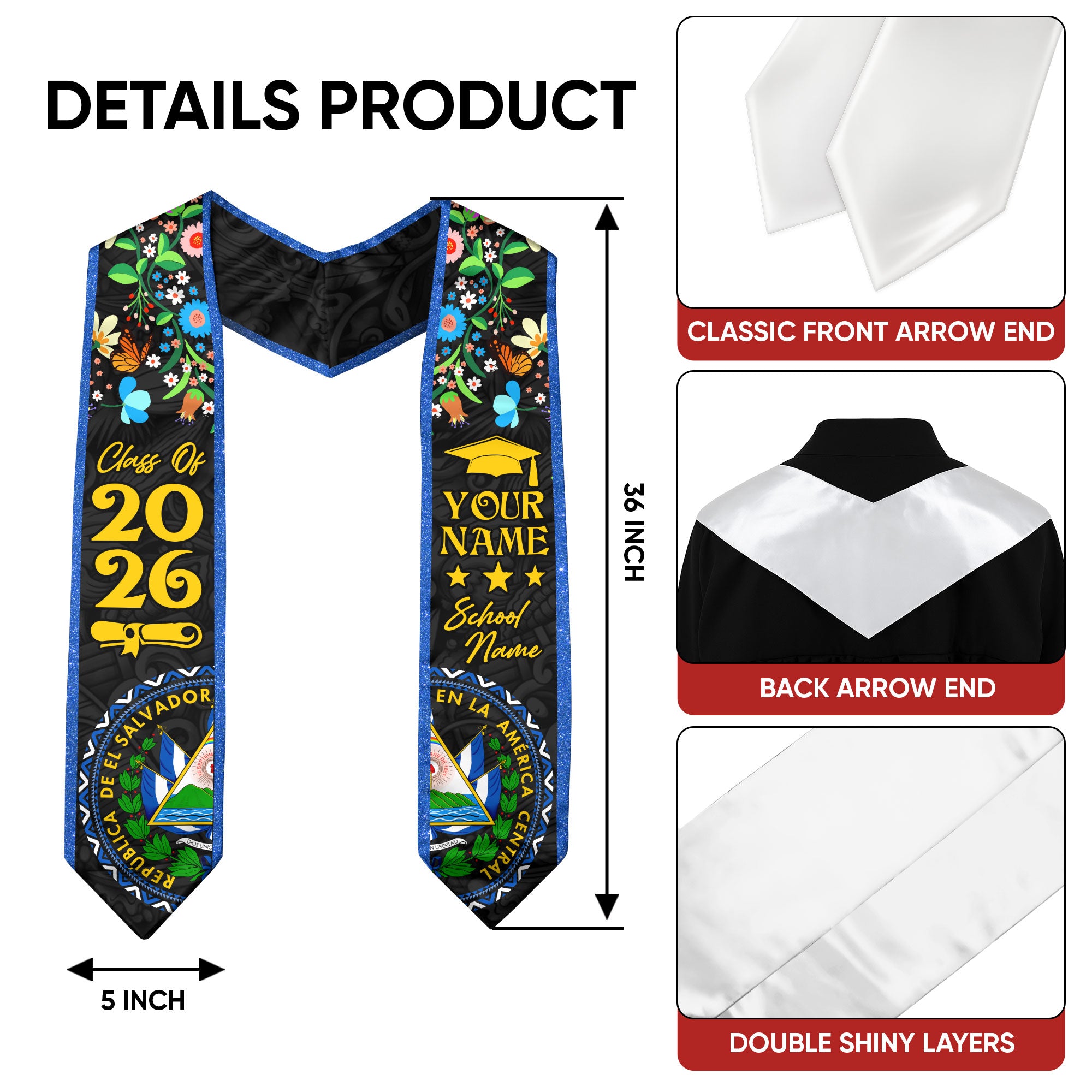 El Salvador Graduation Stole 2026, Salvadoran Flag Sash, Personal Detail Option for Grads