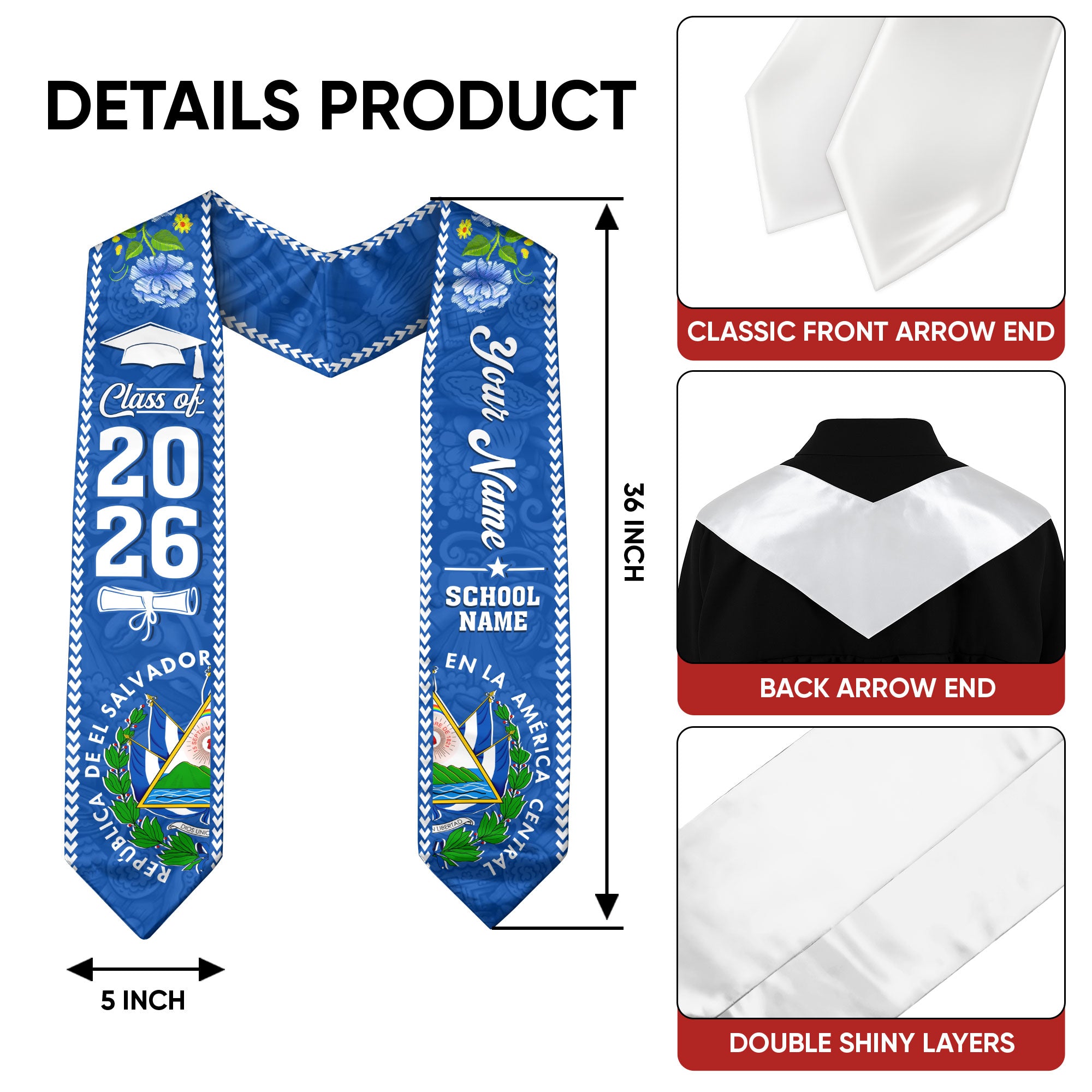 2026 Salvadoran Flag Graduation Sash, El Salvador Stole, Personalized Finish for Graduates