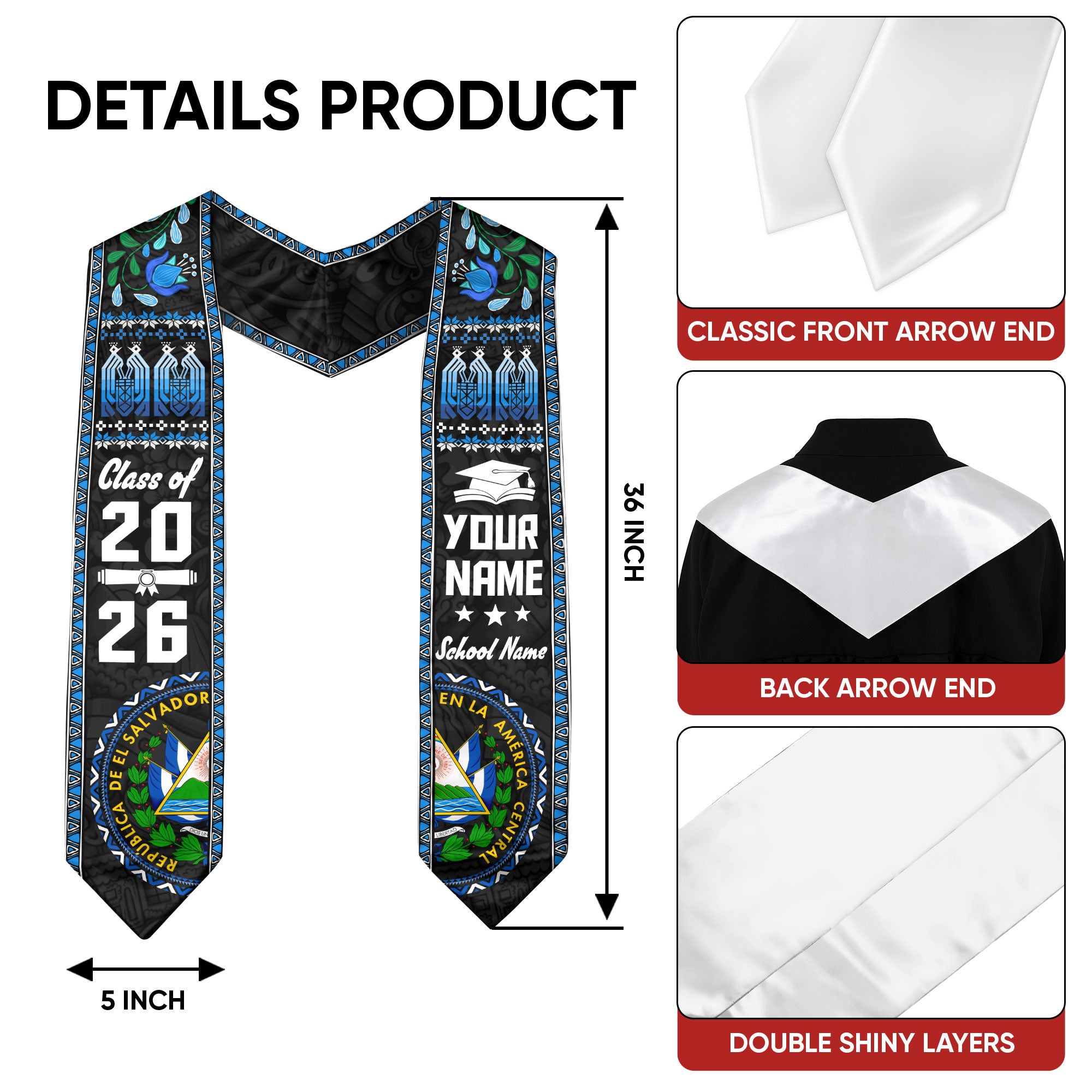 El Salvador Flag Graduation Stole 2026, Salvadoran Sash, Add Your Name Detail Option