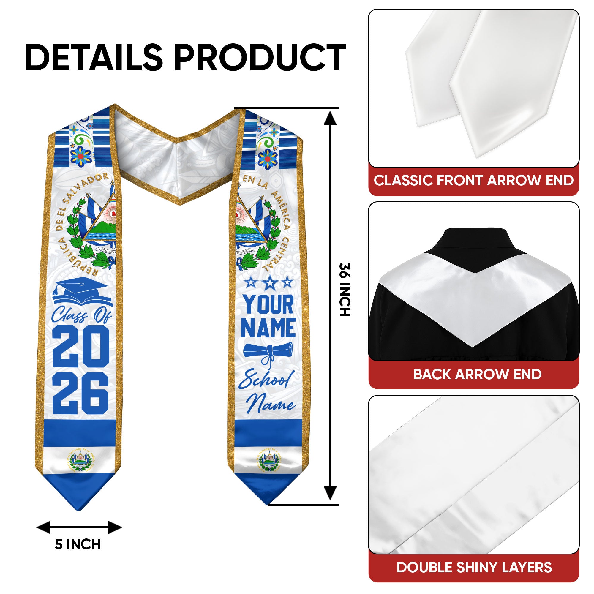 2026 El Salvador Graduation Sash, Salvadoran Flag Stole, Custom Detail Style for Grads