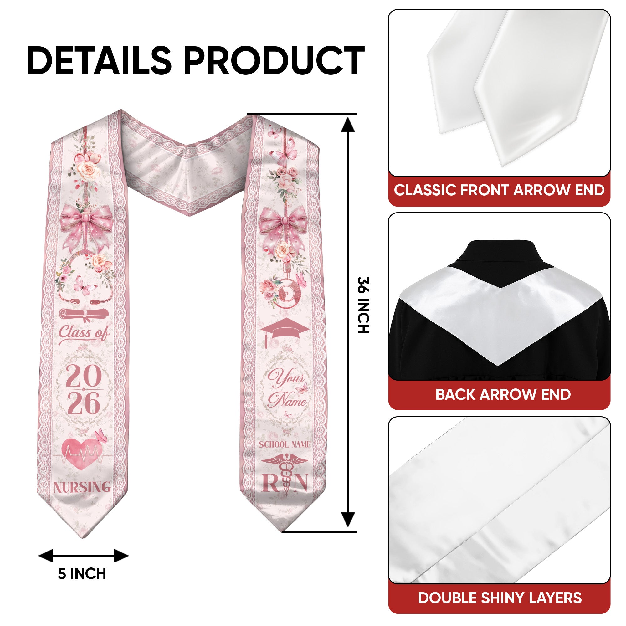 Customized RN Graduation Stole for Nurses, Professional Nursing Ceremony Sash Celebrating Class of 2026