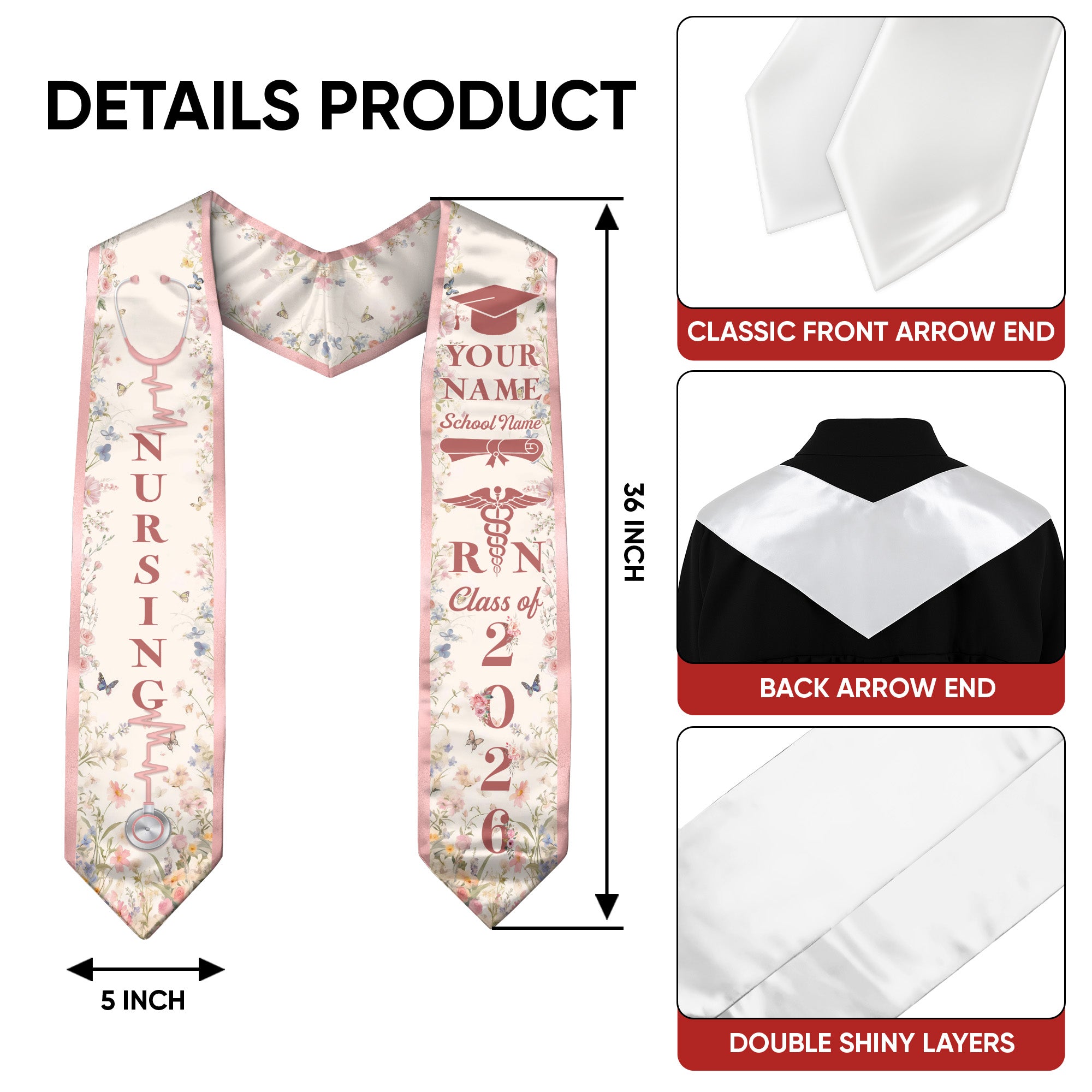 Customized Nursing Graduation Stole with RN Theme, BSN Nurse Commencement Sash for Class of 2026