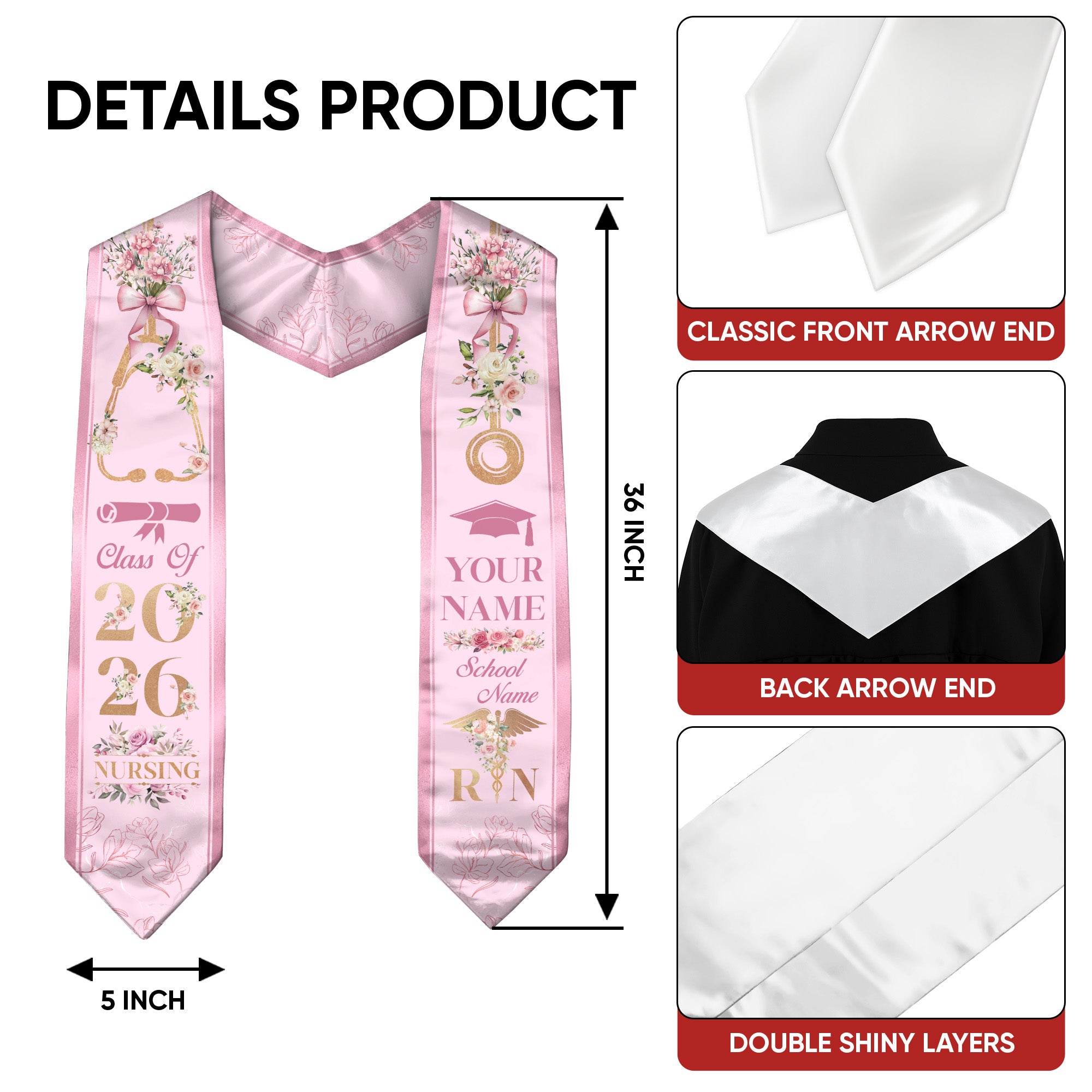 Customized Graduation Stole for Registered Nurses, Nursing School Ceremony Sash Class of 2026