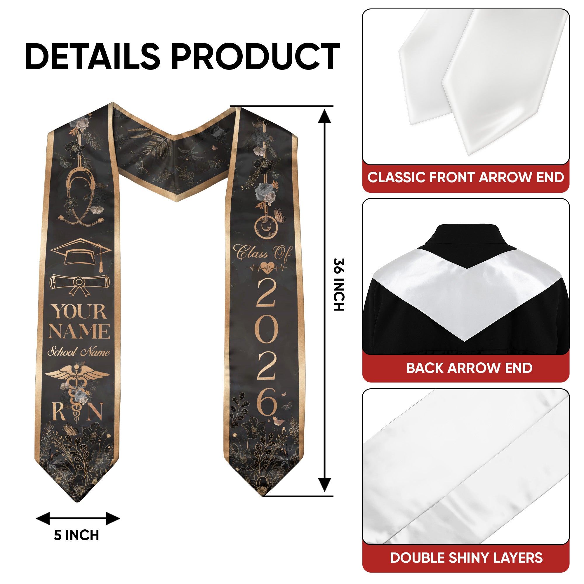 Customized RN Nursing Graduation Stole Featuring Professional Design, Nurse Sash for Class of 2026