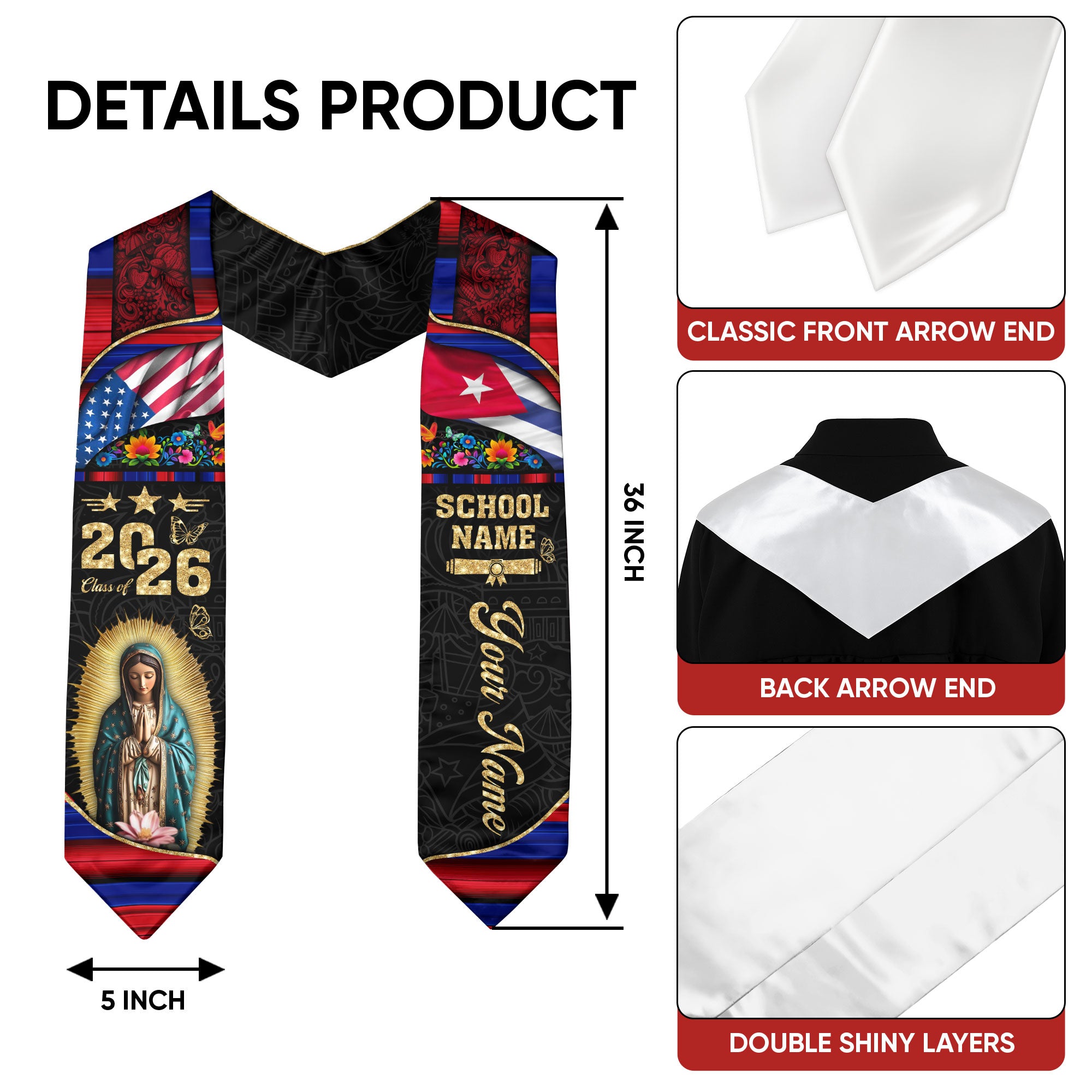 Customized Cuba Graduation Stole with Patriotic Flag Accents, Graduation Sash for Class of 2026