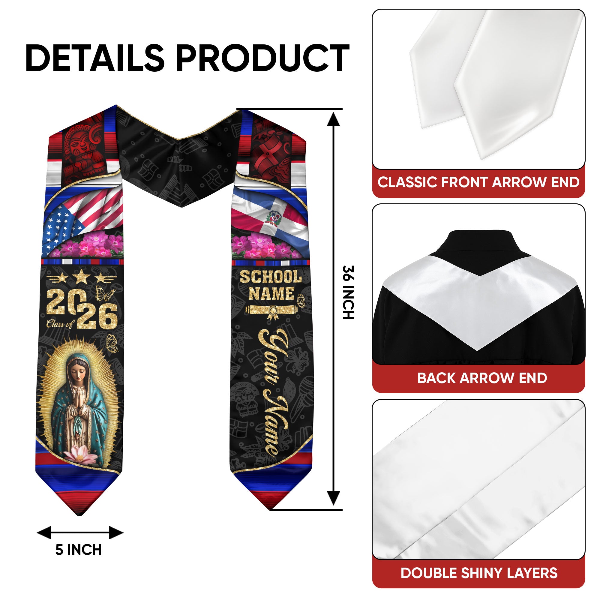 Customized Dominican Graduation Stole Highlighting Flag Colors, Graduation Sash Class of 2026