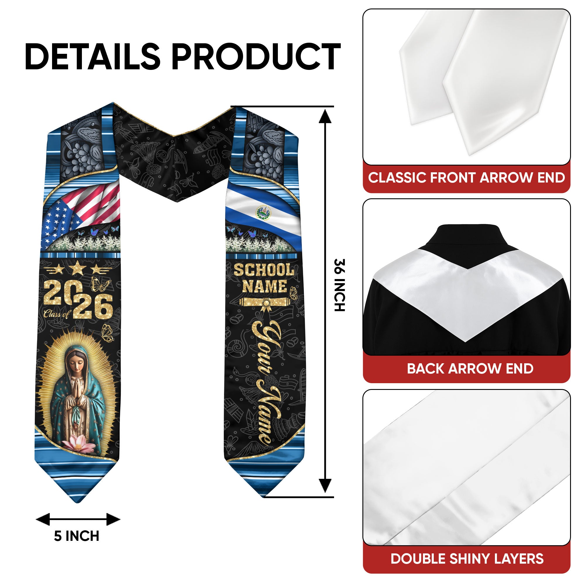Customized El Salvador Graduation Stole with National Pride Flag Design, Graduation Sash 2026