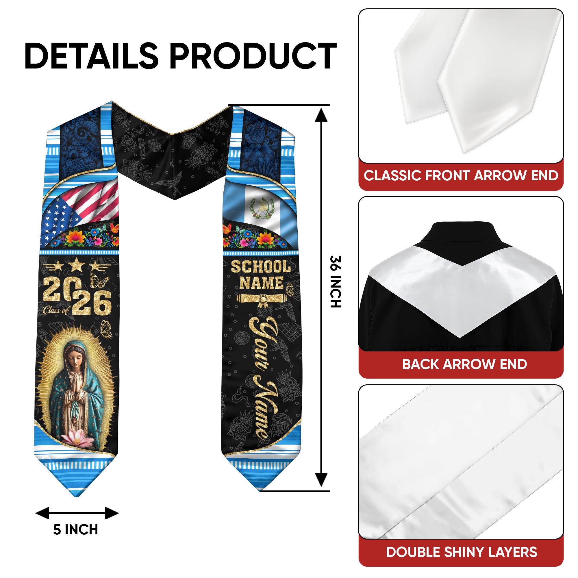 Customized Guatemala Graduation Stole with Heritage Flag Theme, Graduation Sash for Class of 2026