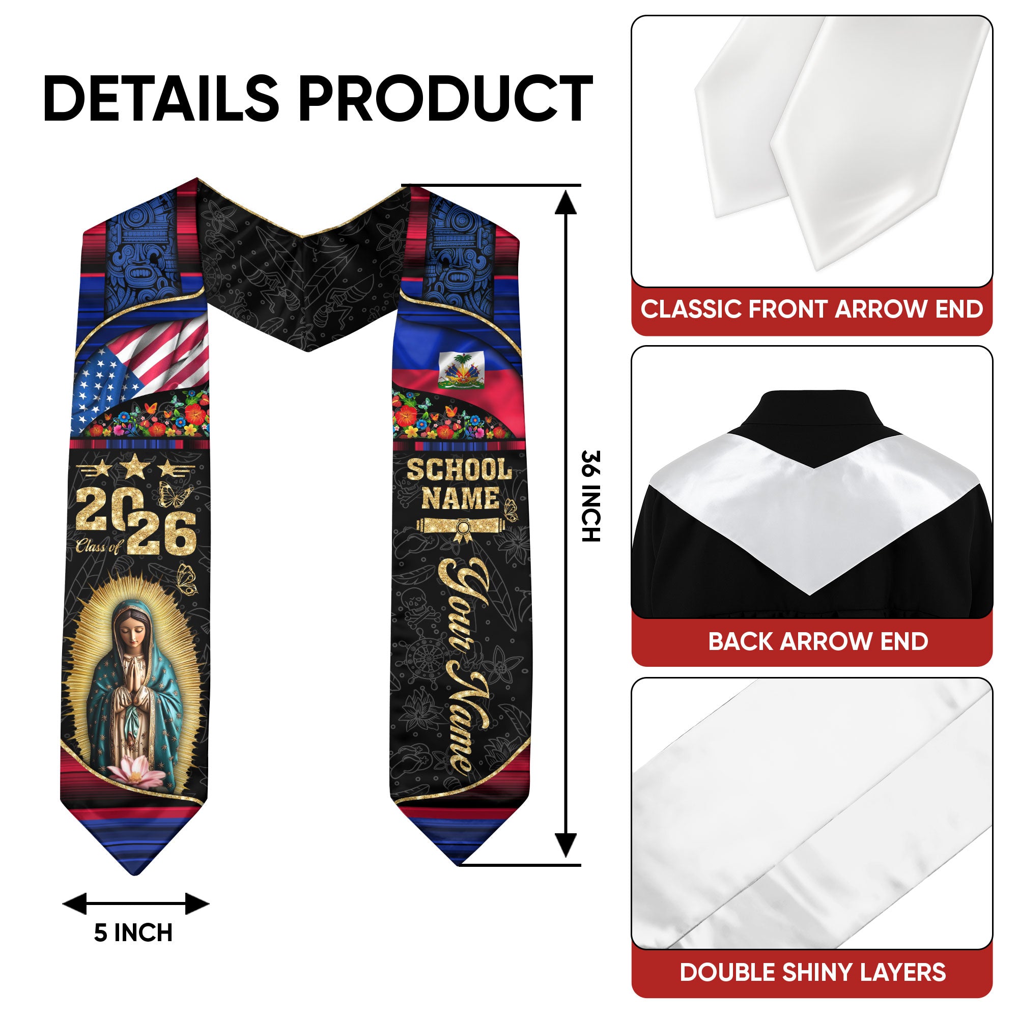 Customized Haiti Graduation Stole Featuring National Flag Pattern, Graduation Sash Class of 2026