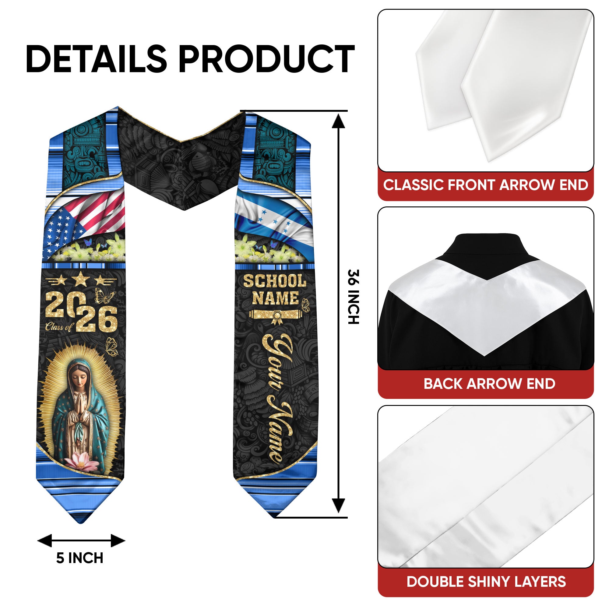 Customized Honduras Graduation Stole with Traditional Flag Motif, Graduation Sash for Class of 2026