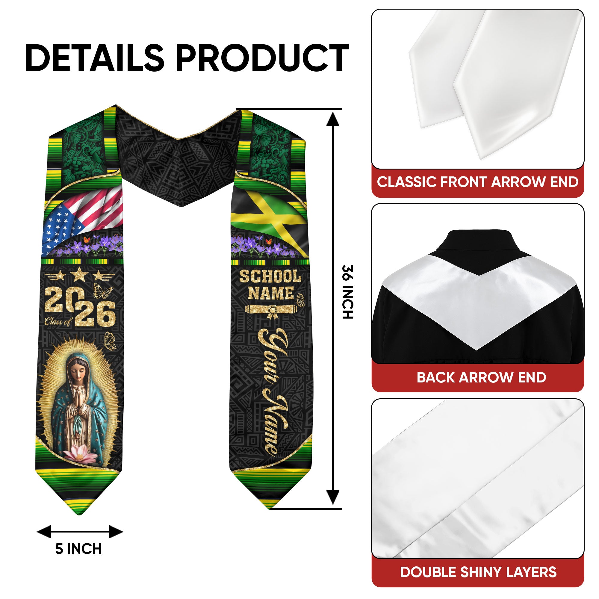 Customized Jamaica Graduation Stole Featuring Bold Flag Details, Graduation Sash Class of 2026