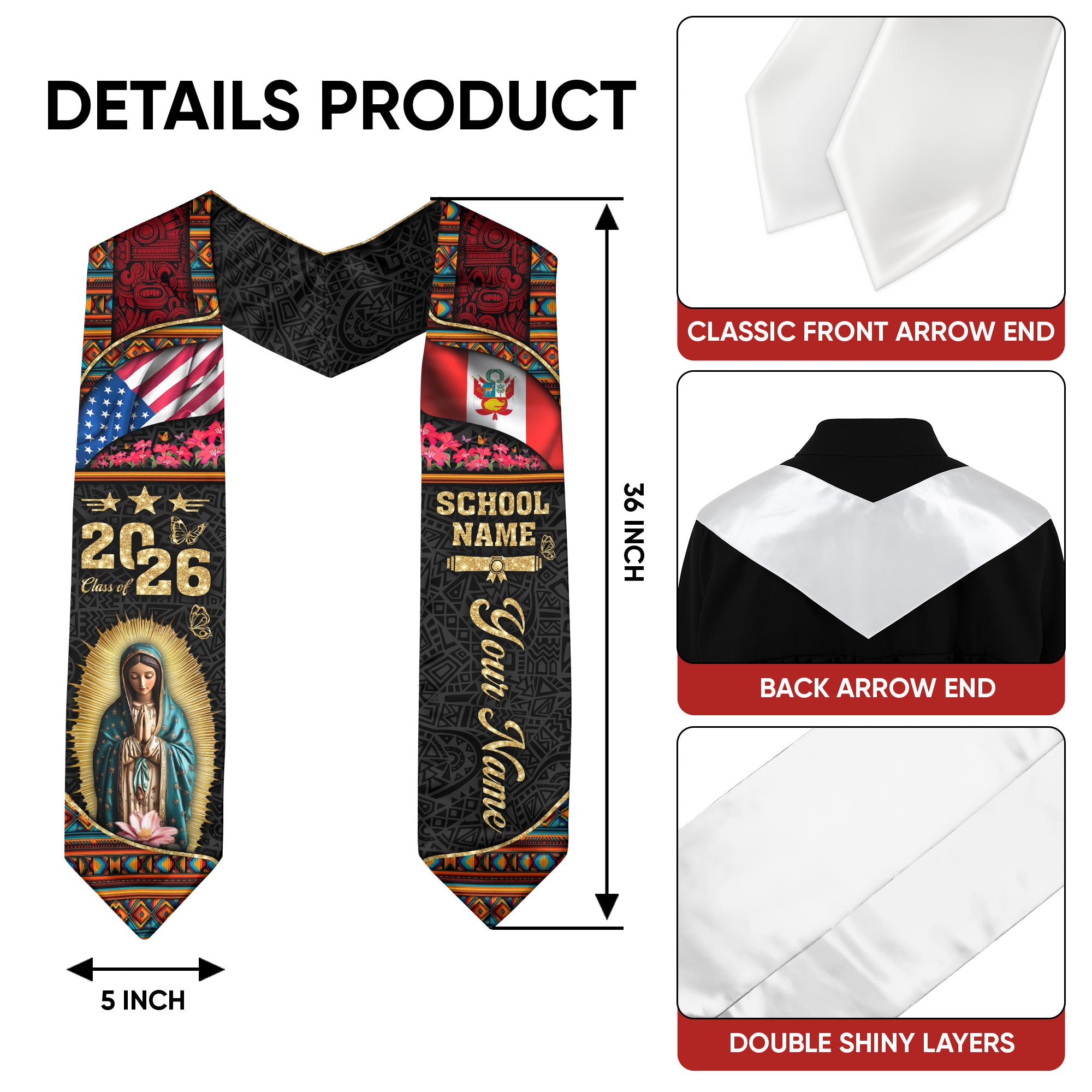 Customized Peru Graduation Stole with National Flag Inspired Pattern, Graduation Sash for 2026