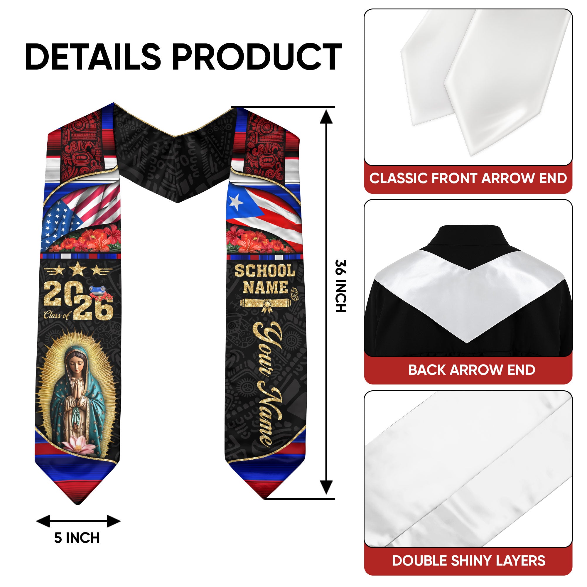 Customized Puerto Rico Graduation Stole with Patriotic Flag Motif, Graduation Sash Class of 2026