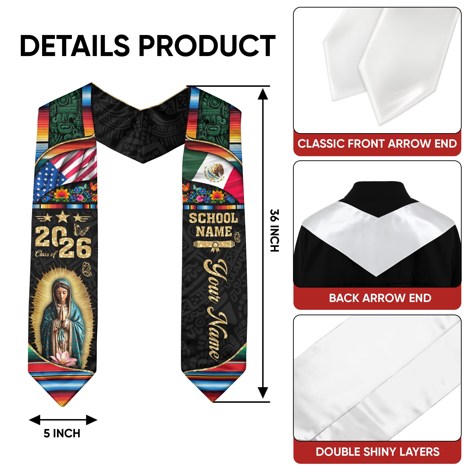 Mexico Graduation Sash 2026, Mexican Stole for Seniors, Mexican American Flag Grad Sash