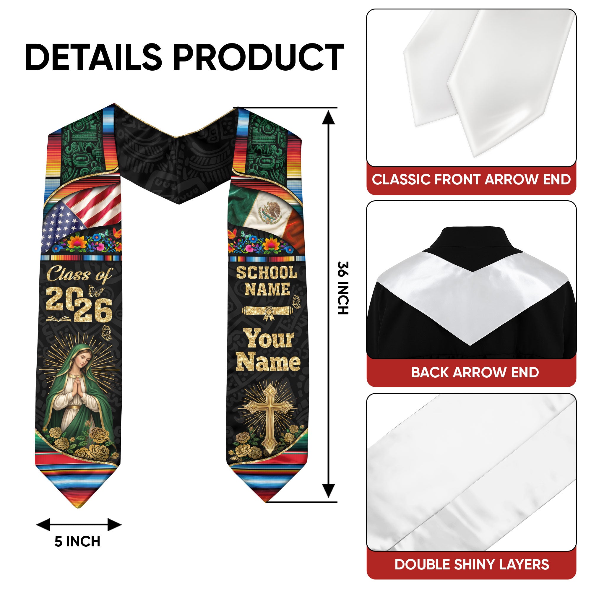 Mexico Graduation Sash 2026, Mexican Stole for Seniors, Mexican American Flag Grad Sash