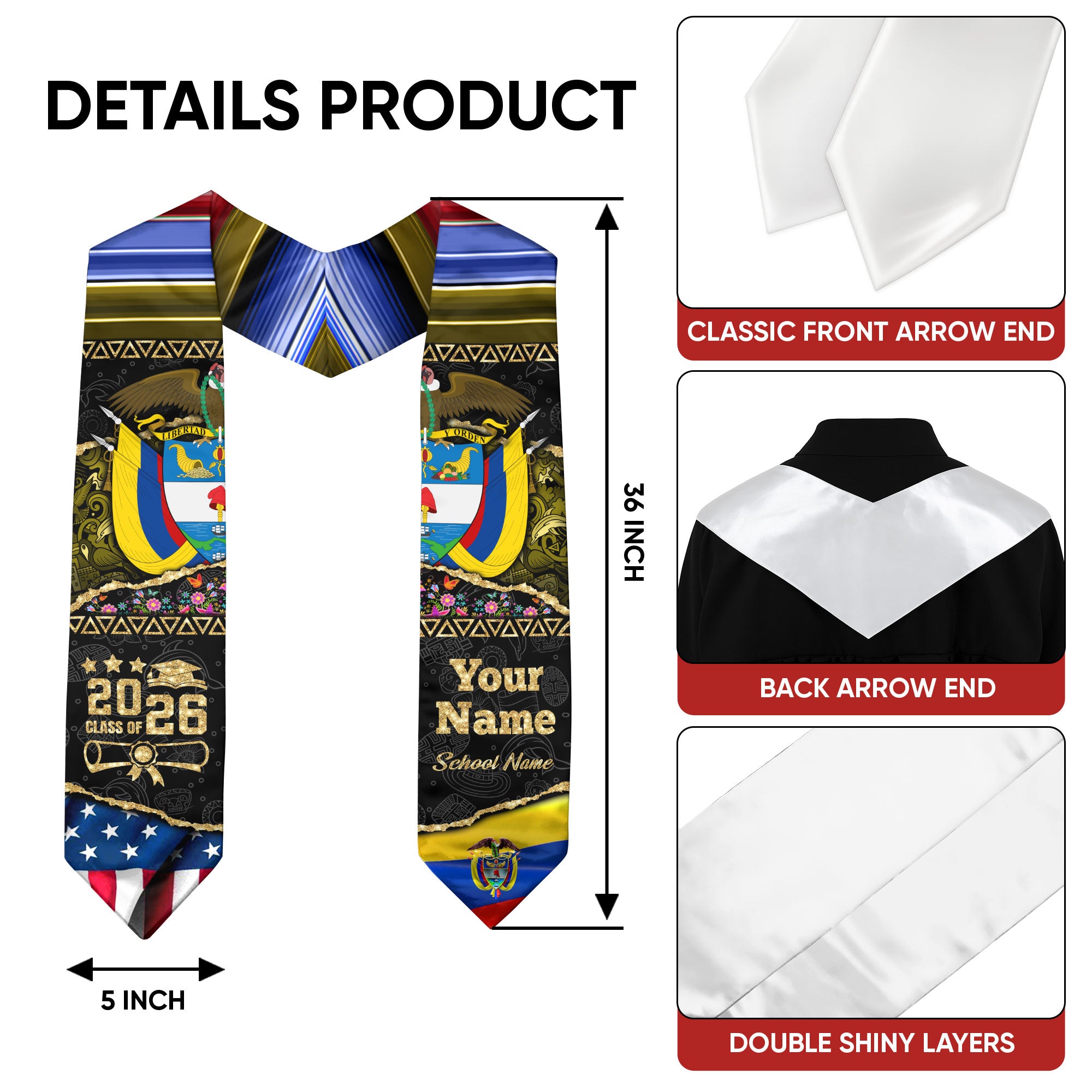 Customized Colombia Graduation Stole with Colombian Flag Theme, Graduation Sash for Class of 2026