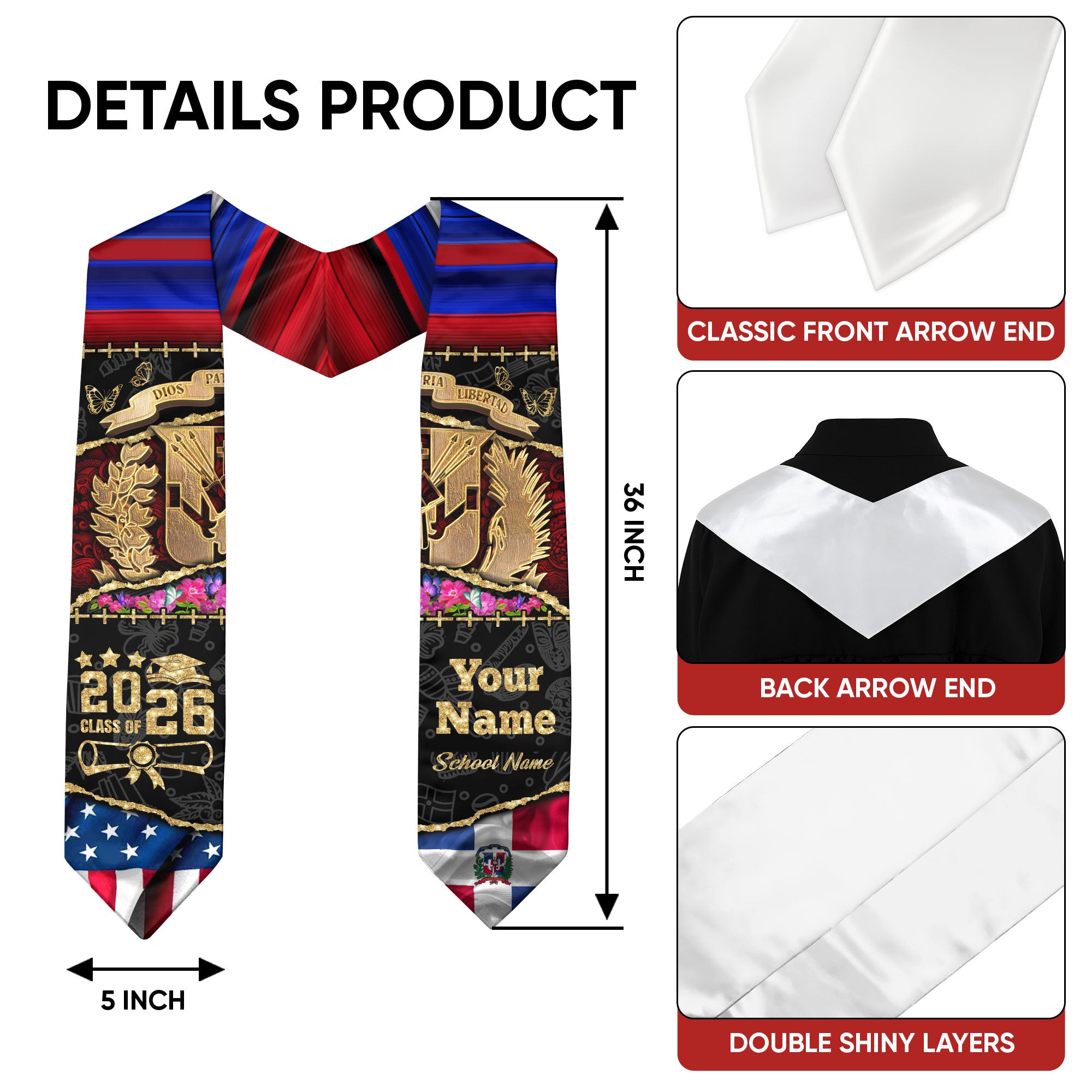 Customized Dominican Graduation Stole with Flag Inspired Design, Graduation Sash for Class of 2026