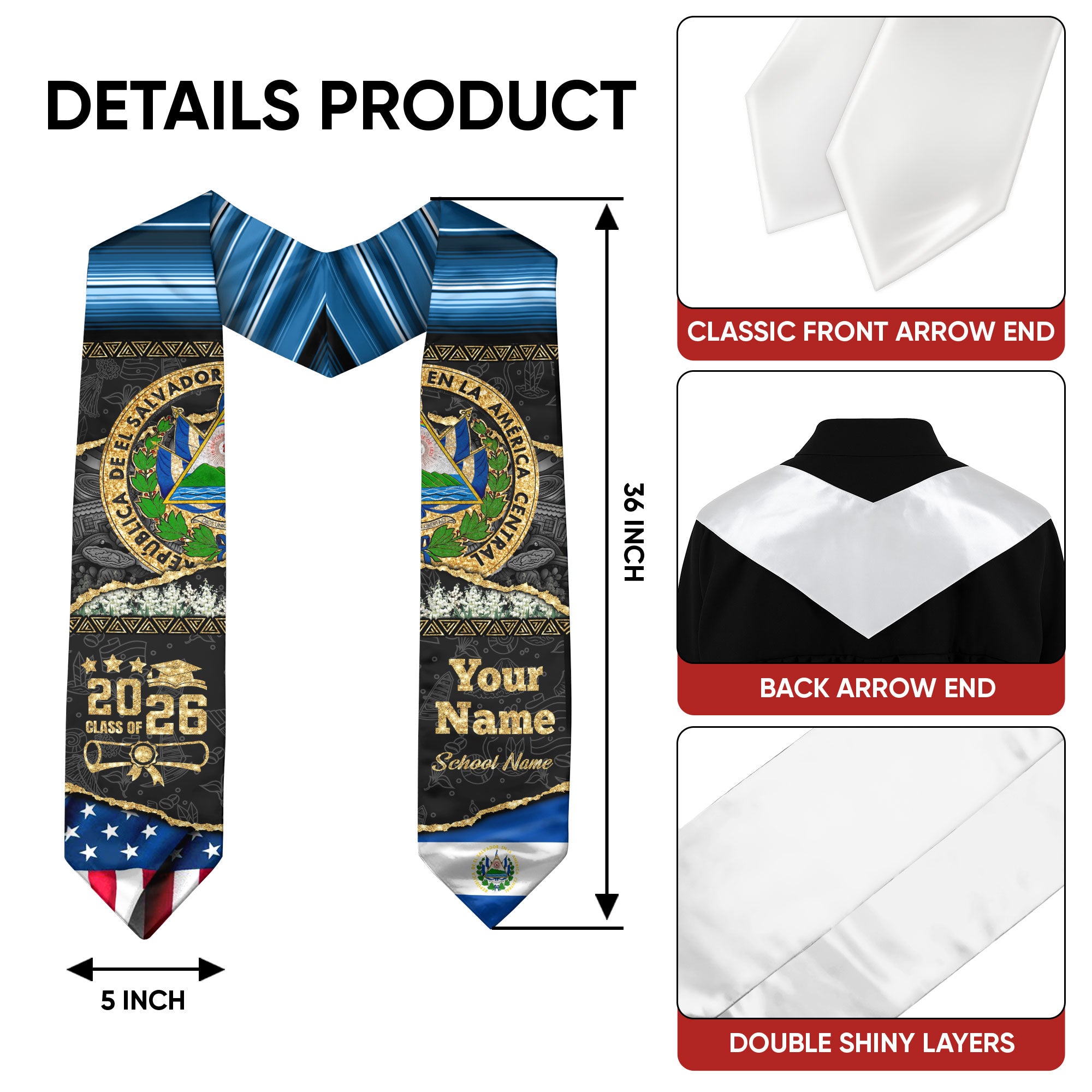 Customized El Salvador Graduation Stole Featuring Salvadoran Flag Accents, Graduation Sash 2026