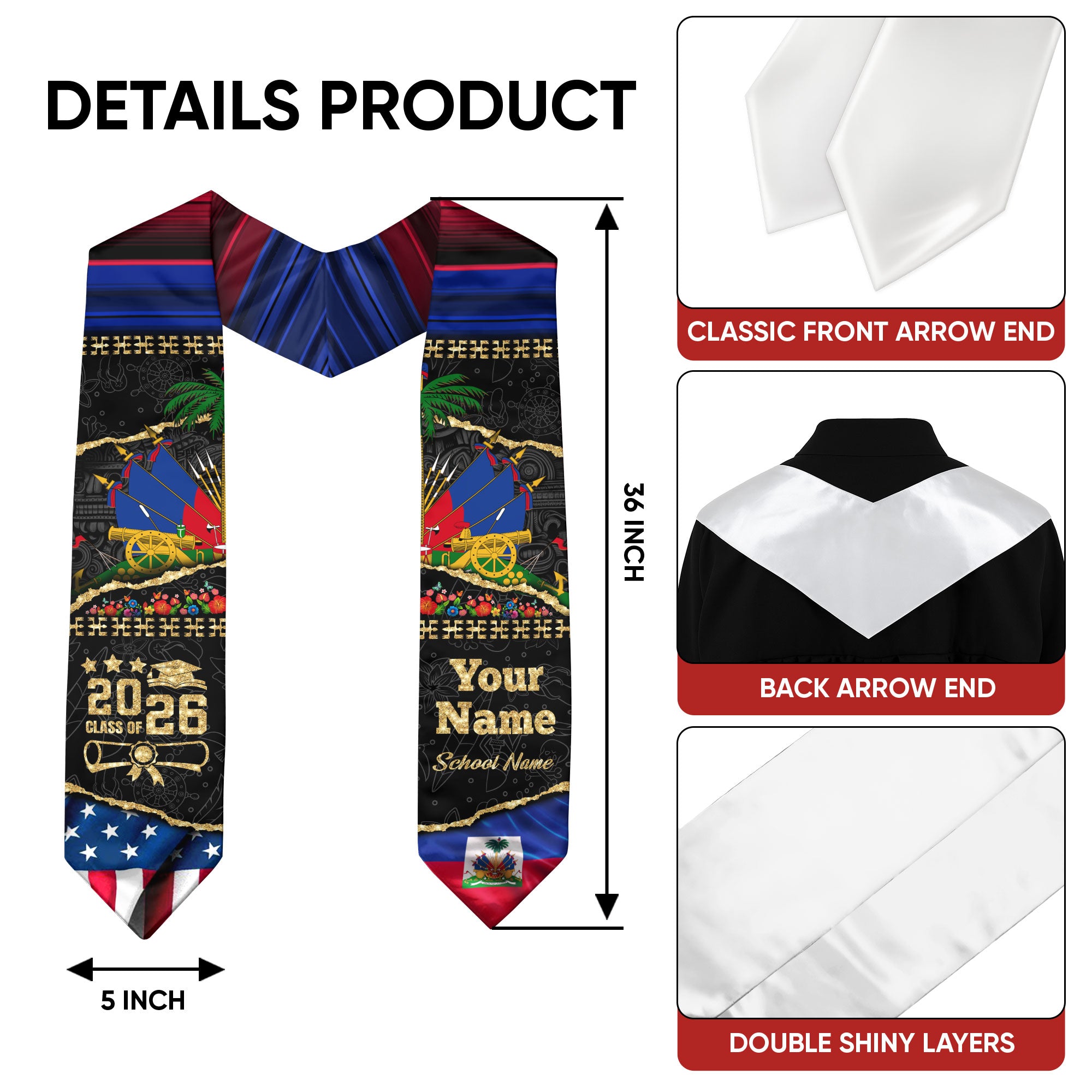 Customized Haiti Graduation Stole with Haitian Flag Elements, Graduation Sash for Class of 2026