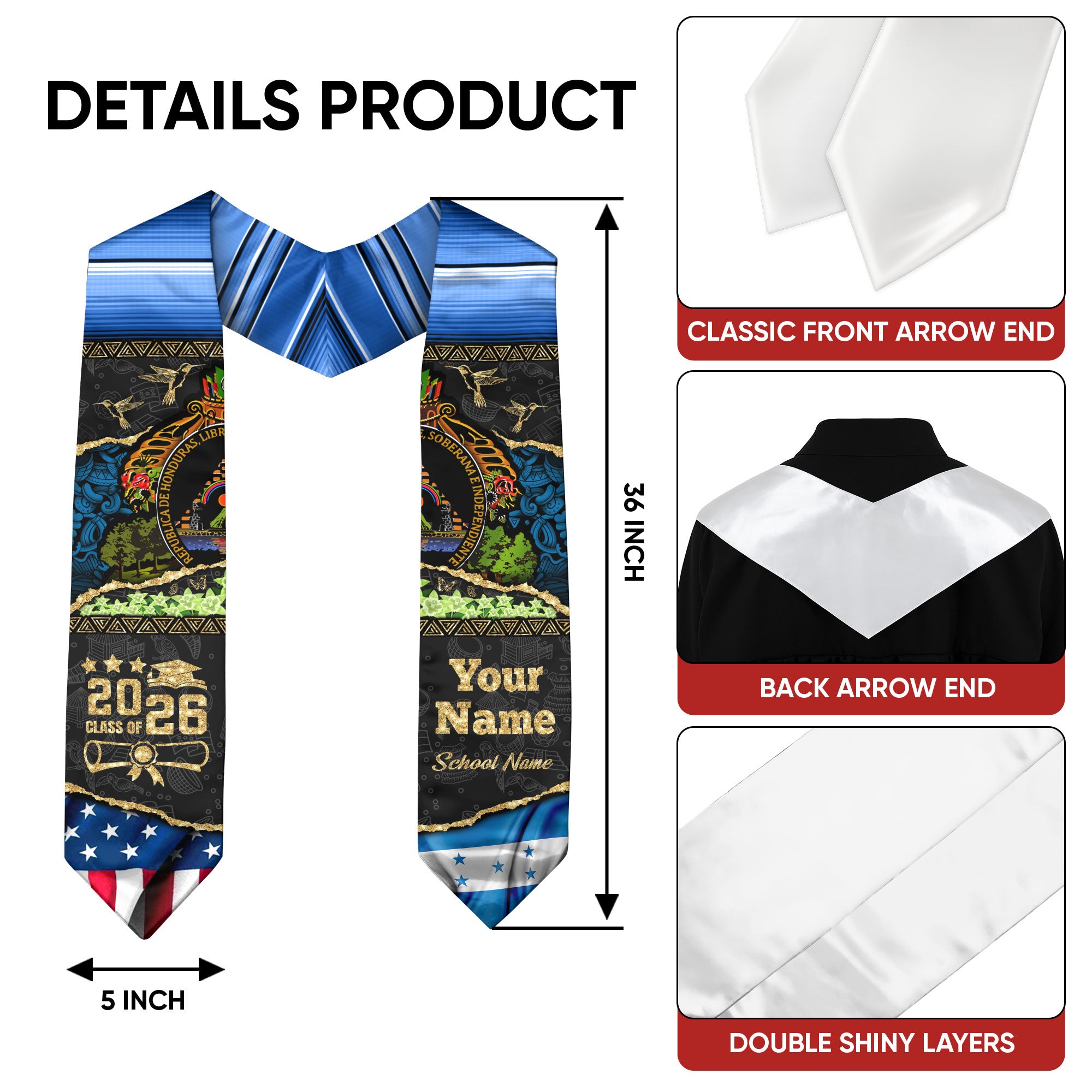 Customized Honduras Graduation Stole Highlighting National Flag Style, Graduation Sash 2026