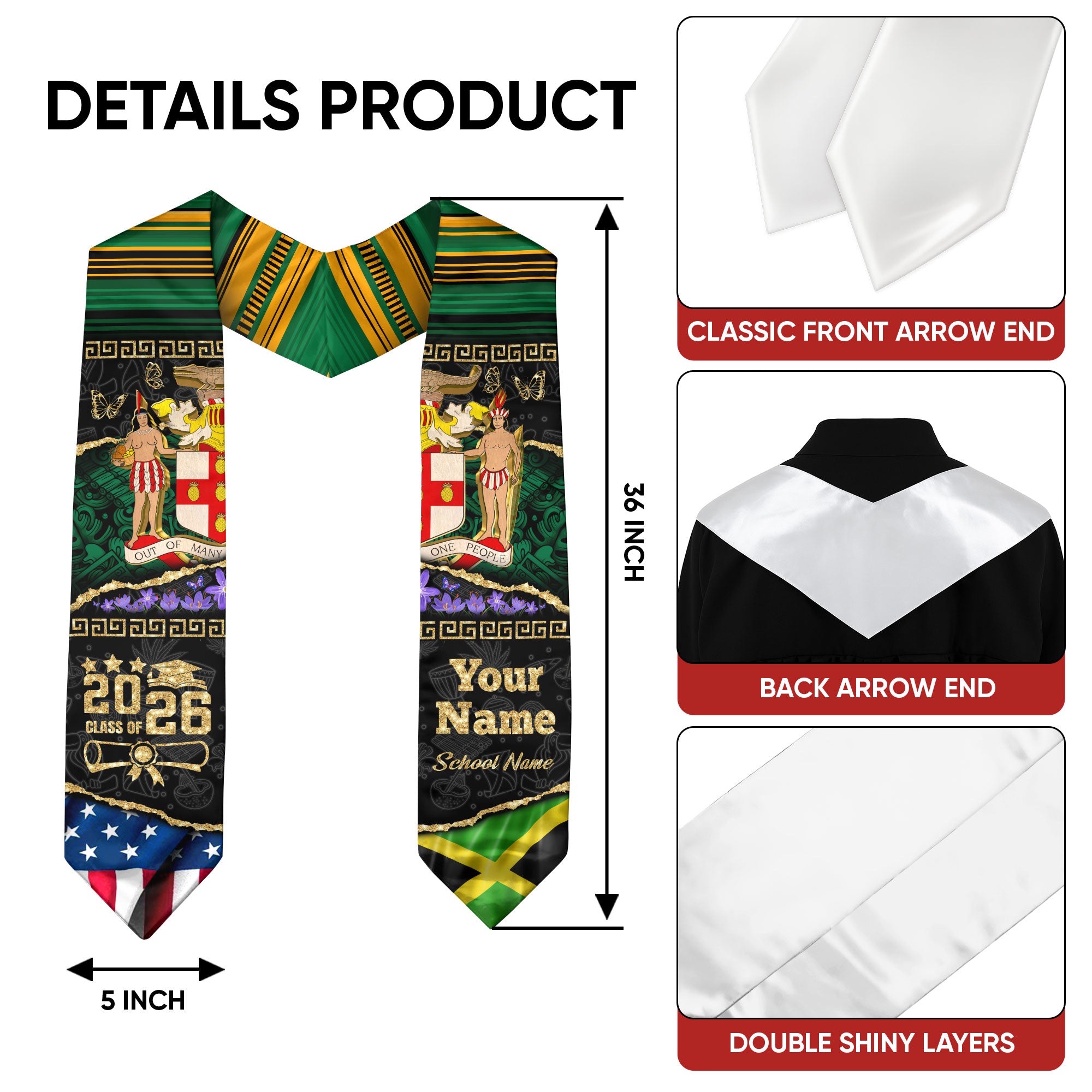 Customized Jamaica Graduation Stole with Cultural Flag Theme, Graduation Sash for Class of 2026