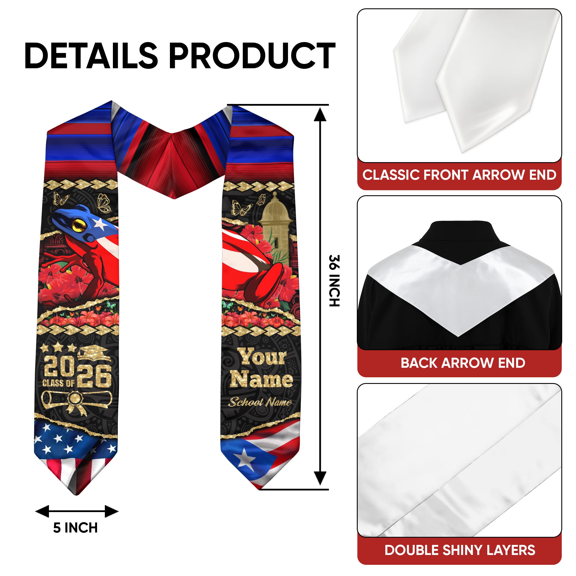Customized Puerto Rico Graduation Stole with Flag Heritage Design, Graduation Sash for Class of 2026
