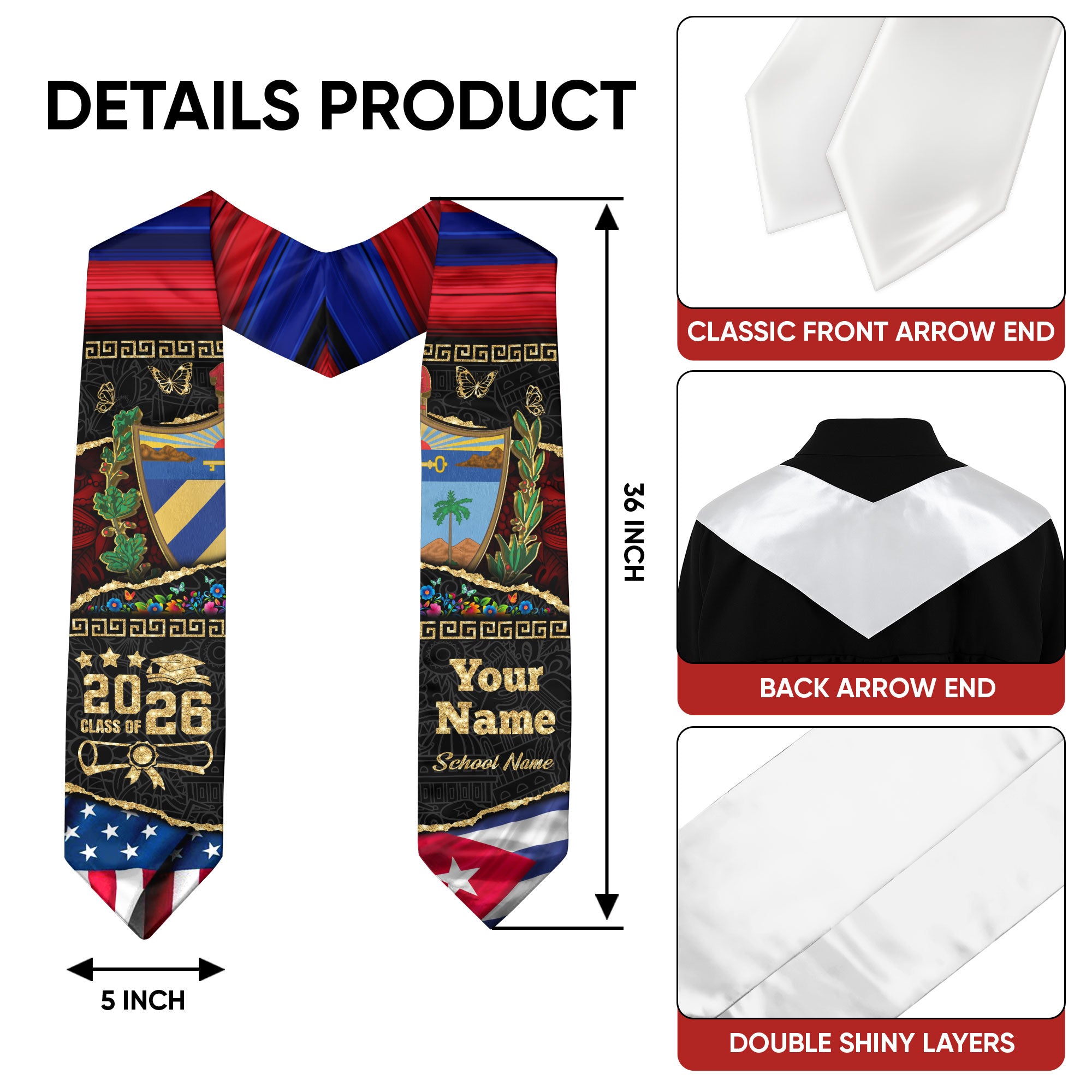 Customized Cuba Graduation Stole Featuring Cuban Flag Style, Graduation Sash Class of 2026