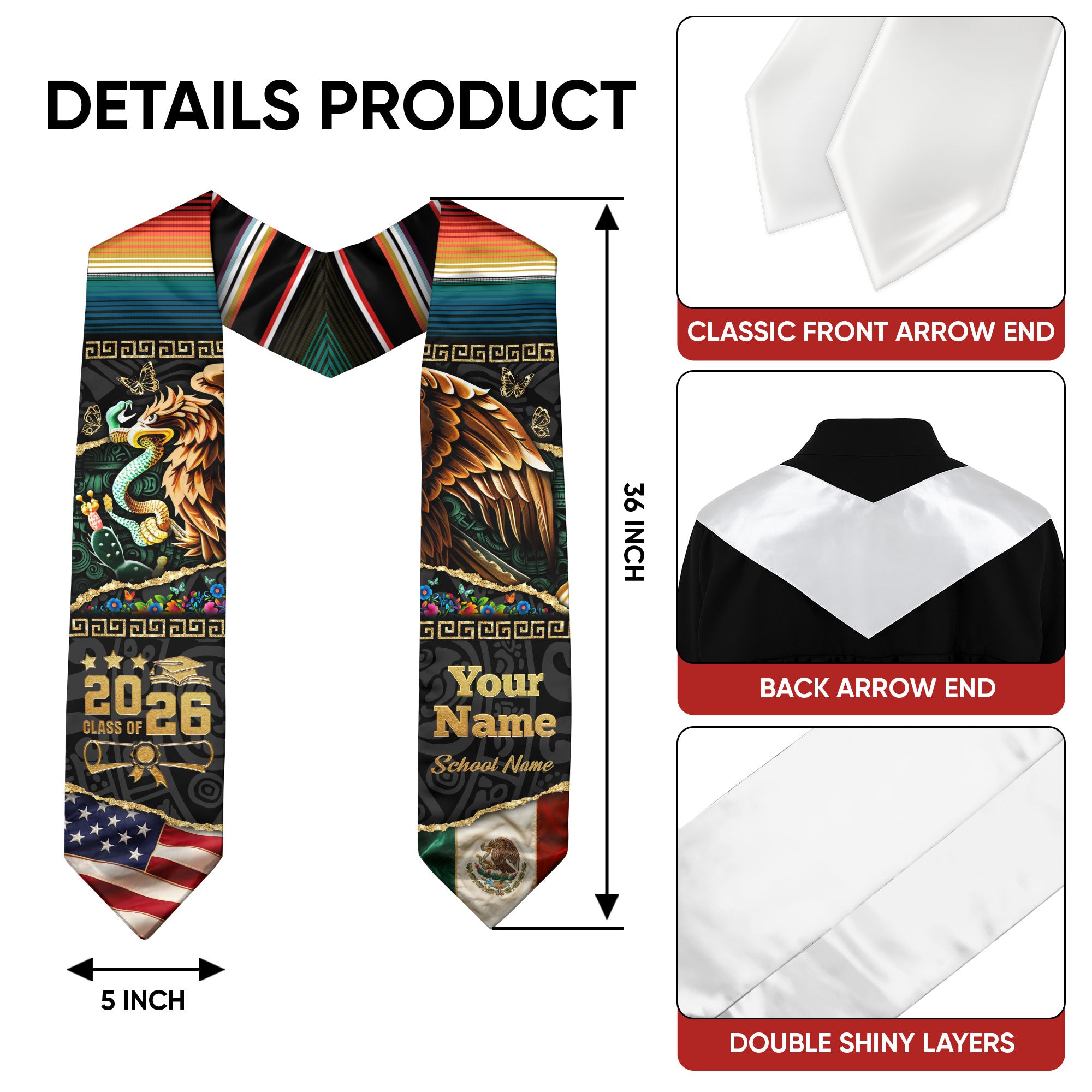 Mexican American Flag Graduation Stole 2026, Mexico Stole Sash, Mexican Grad Accessory