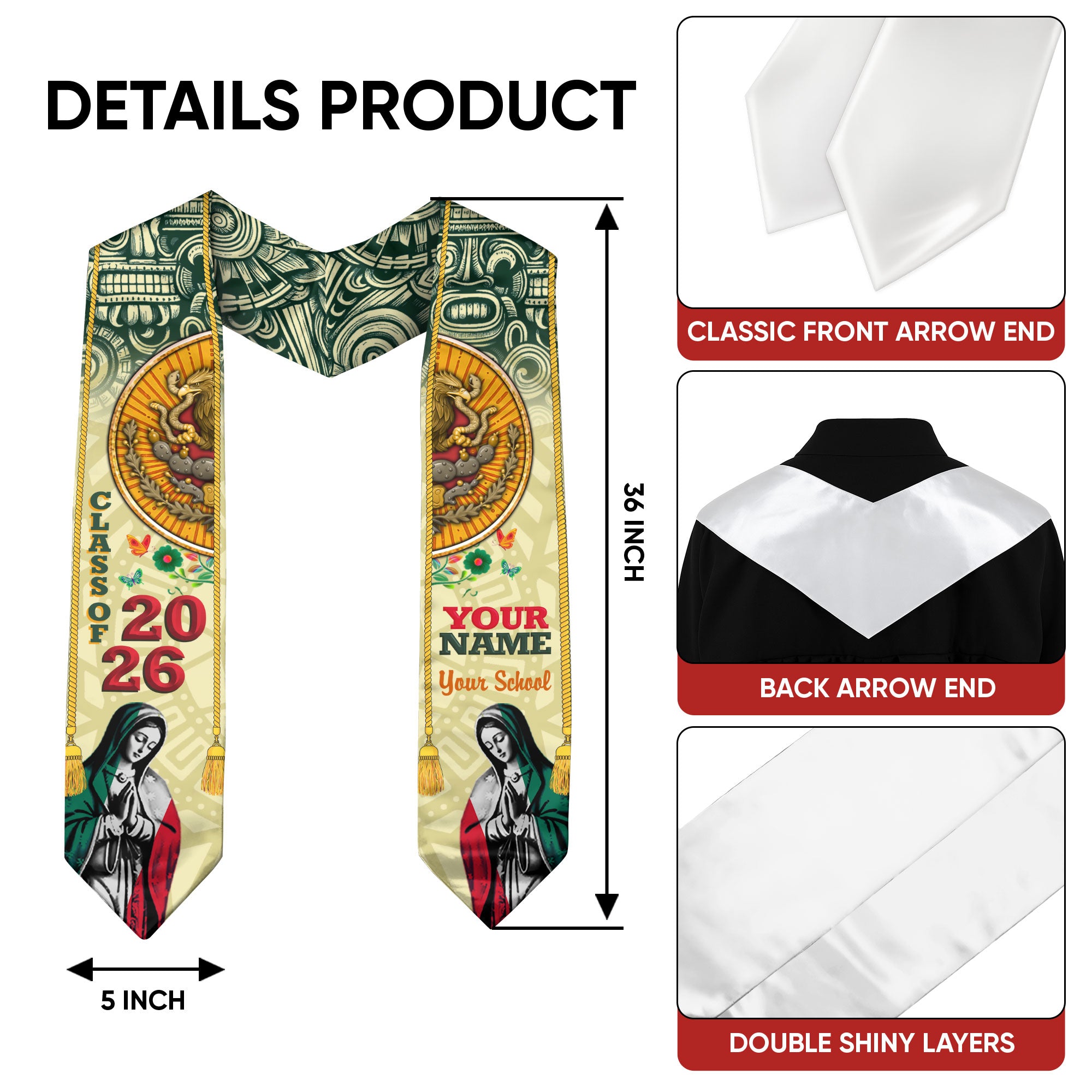 Mexican Flag Graduation Stole 2026, Mexico Sash Stole, Tailored Finish for 2026 Grads